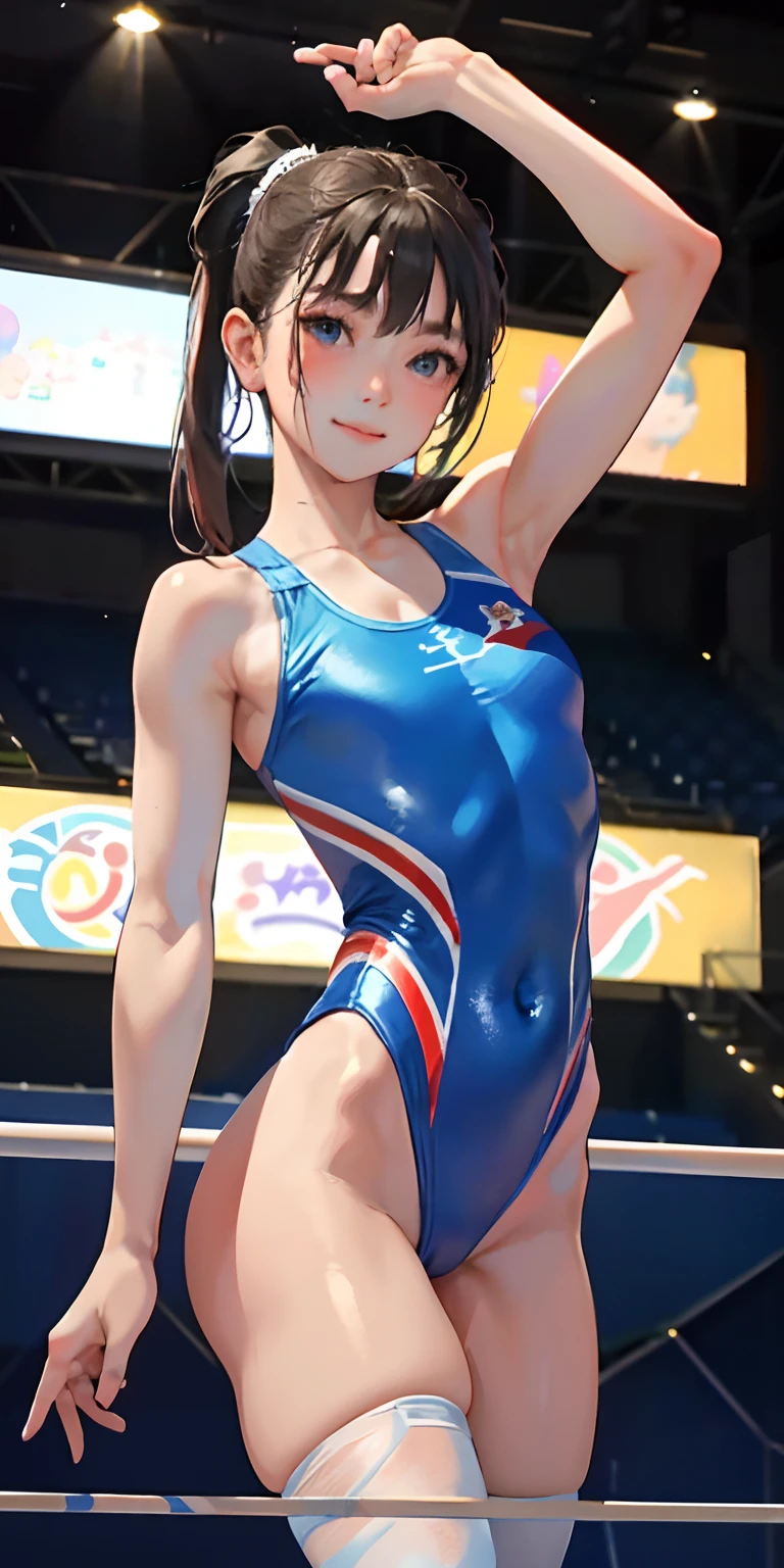 masterpiece、top-quality、hight resolution、Realistic Girl、gymnast、Close-up of a person、Wear a bodysuit、During gymnastics competitions、Smile、Gymnastics competition venue、A sexy