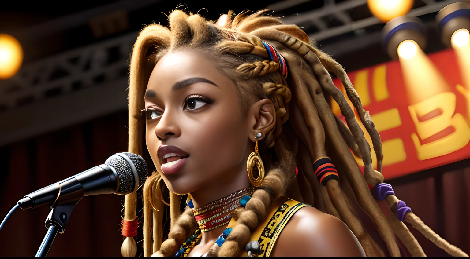 (Masterpiece:1.2), (Best Quality:1.2), perfect eyes, Woman in her 40s, perfect faces, Dark stage lighting, photo shoot, (Light blonde), (Light blonde), (Light blonde), long hair, ponytail hair, long hair, ponytail hair, long hair, ponytail hair, 1Girl dark skin, Gorgeous tribal dresses, thick eyelashes, makeups, eyeshadows, (Dreadlocks ), (Dreadlocks ), (Dreadlocks ), (microphone), (Singing on the club stage), (microphone), (Singing on the club stage), (microphone), (Singing on the club stage), (Hip Hop), (Hip Hop), (Hip Hop)