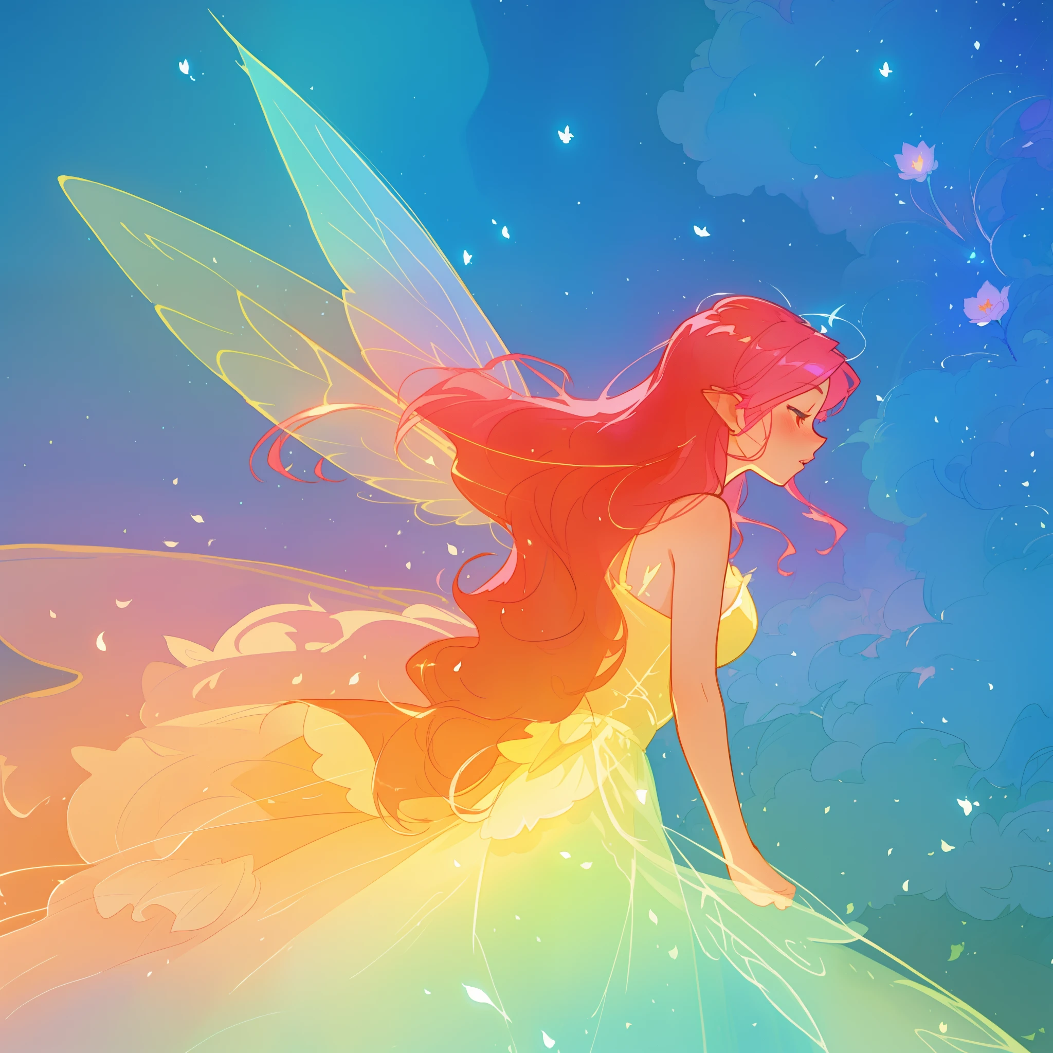 beautiful girl in flowing ballgown dress, (glowing fairy wings), glowing flowing ballgown, long wavy hair, sparkling fairy wings, watercolor illustration, flowers and colorful plants, inspired by Glen Keane, inspired by Lois van Baarle, disney art style, by Lois van Baarle, glowing aura around her, by Glen Keane, jen bartel, glowing lights! digital painting, flowing glowing hair, glowing flowing hair, beautiful digital illustration, fantasia otherworldly landscape plants flowers, beautiful, masterpiece, best quality, anime disney style