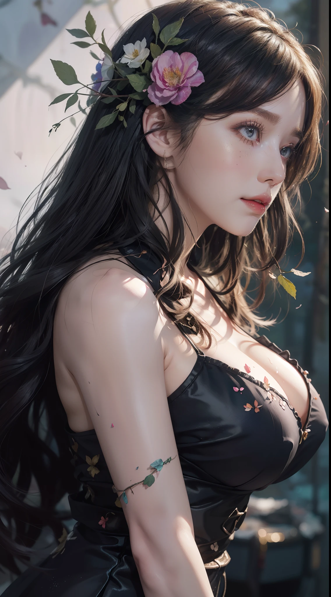 high quality, 8K Ultra HD, high detailed, Watercolor, wash technique, colorful, A painting with dripping and scattered paint, Painting like Agnes Cecile, blurry, pale touch, smudged outline, like a fairy tale, Beautiful woman made with flower colorage,  huge breasts, dramatic lighting, expressing women using flowers and plants, cutting and combining petals and leaves, drawing women's hair and dresses using the colors and shapes of flowers, vivid colors and nature, luminism, three dimensional effect, enhanced beauty, Albert Anker, Feeling like John Howe, Greg Rutkowski, Feeling like Kyoto Animation, Artgerm, WLOP, Alphonse Beeple, luminism, Isometric, awesome full color,