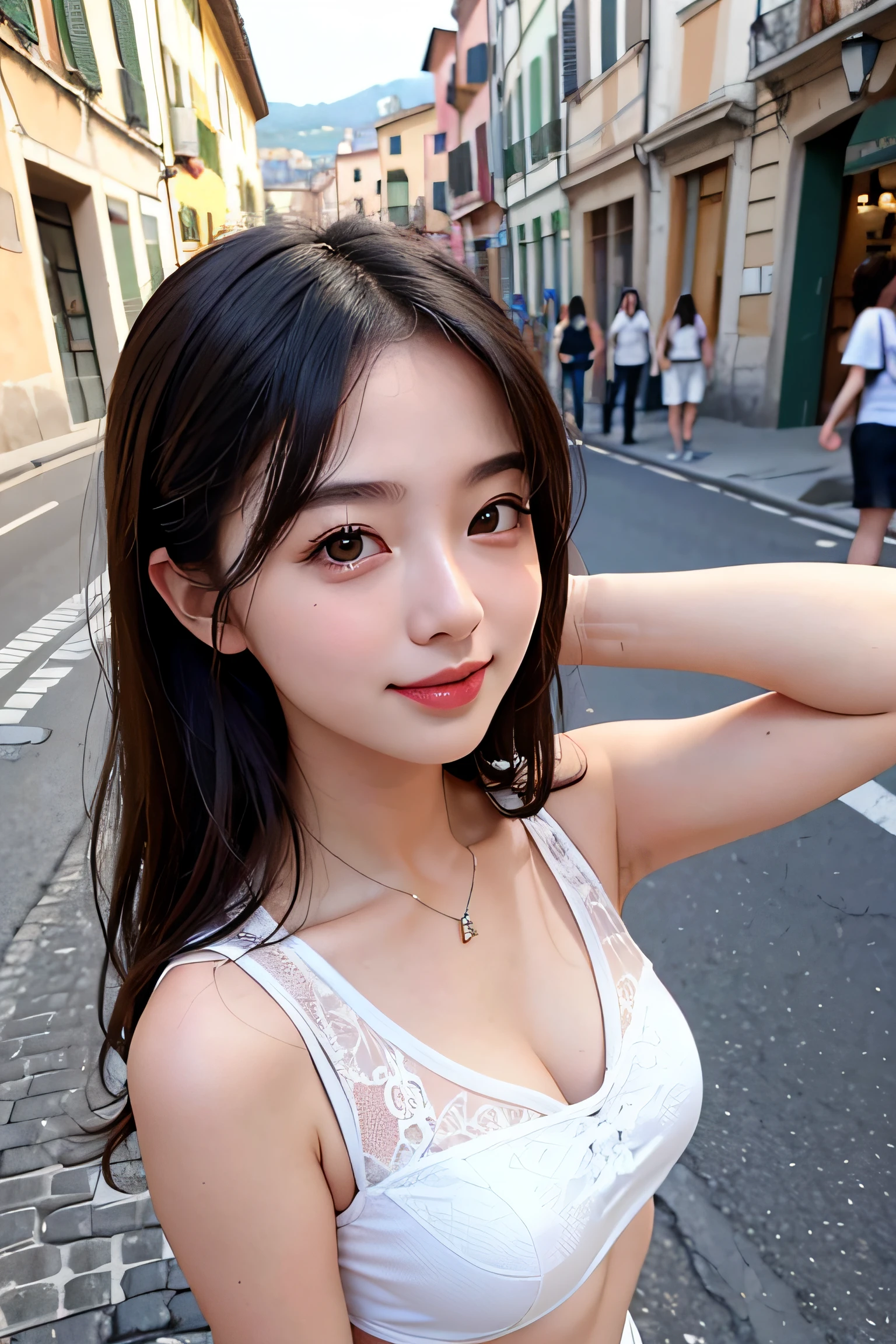 1girl in、Italy、Daytime、A city scape、a smile、The upper part of the body、a closeup、8K、Raw photography、top-quality、masterpiece、realisitic、Photorealsitic、