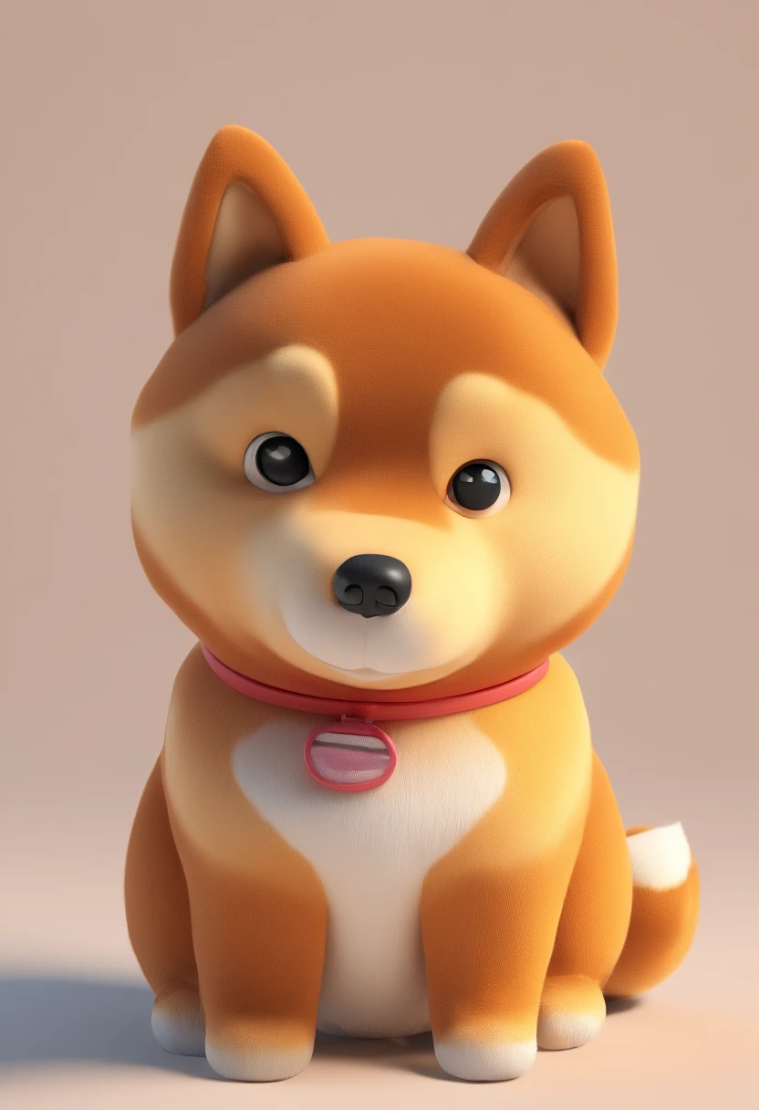 Stuffed toy Shiba Inu,Frontal view,Stuffed toy Shiba Inu,largeeyes,stand posture,Cute healing,gentle expressions,o cachorrinho,Shiba dog,Plush rendering,C4D modeling,shaggy,solid color backdrop,Front lens,cute toy