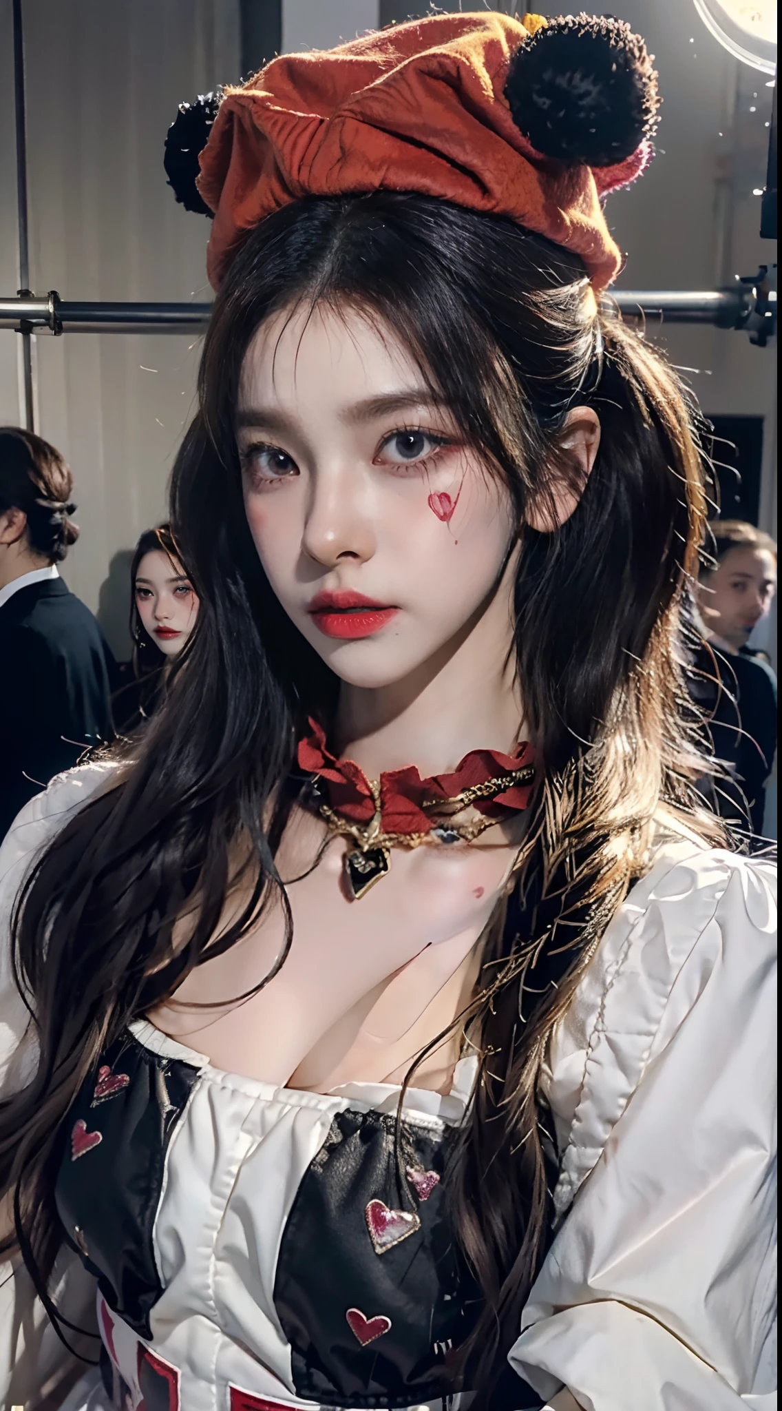 NFFSW,NFFSW,8K, Best quality, masutepiece, Highly detailed, Studio lighting, Physically-based rendering, 1girl in, Solo,
jocker. Colorful, Clown hat and flowers, Clown costume, mitts, The heart is drawn on the face, dark gold hair,(Sad), White face, Wavy hair, hair-bun,
(Upper body) full bodyesbian,