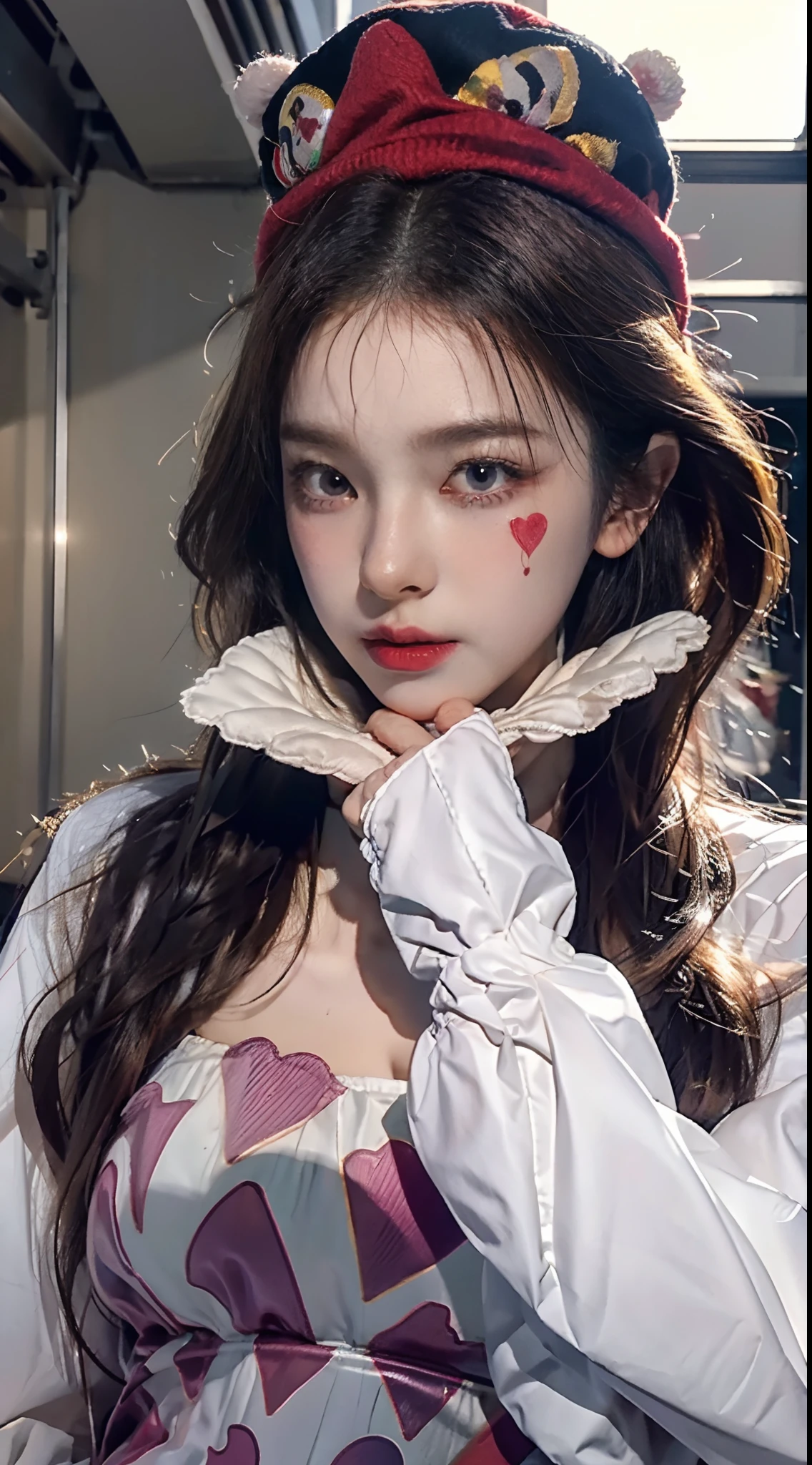 NFFSW,NFFSW,8K, Best quality, masutepiece, Highly detailed, Studio lighting, Physically-based rendering, 1girl in, Solo,
jocker. Colorful, Clown hat and flowers, Clown costume, mitts, The heart is drawn on the face, dark gold hair,(Sad), White face, Wavy hair, hair-bun, 
(Upper body) full bodyesbian,