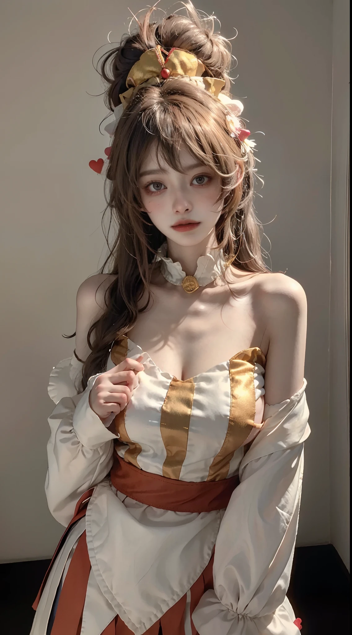 There is a woman holding an orange in her hand and a yellow cloth, Lacey, encaje blanco, encaje, peach ass, Chica joven y linda, Cute little girl, Hermosa modelo joven, Mujer linda, linda joven, hermosa dama, Diosa joven, Ropa de encaje blanco, buena joven, loli, Elle Fanning), vestido con volantes ((encaje)), Joven y lindo