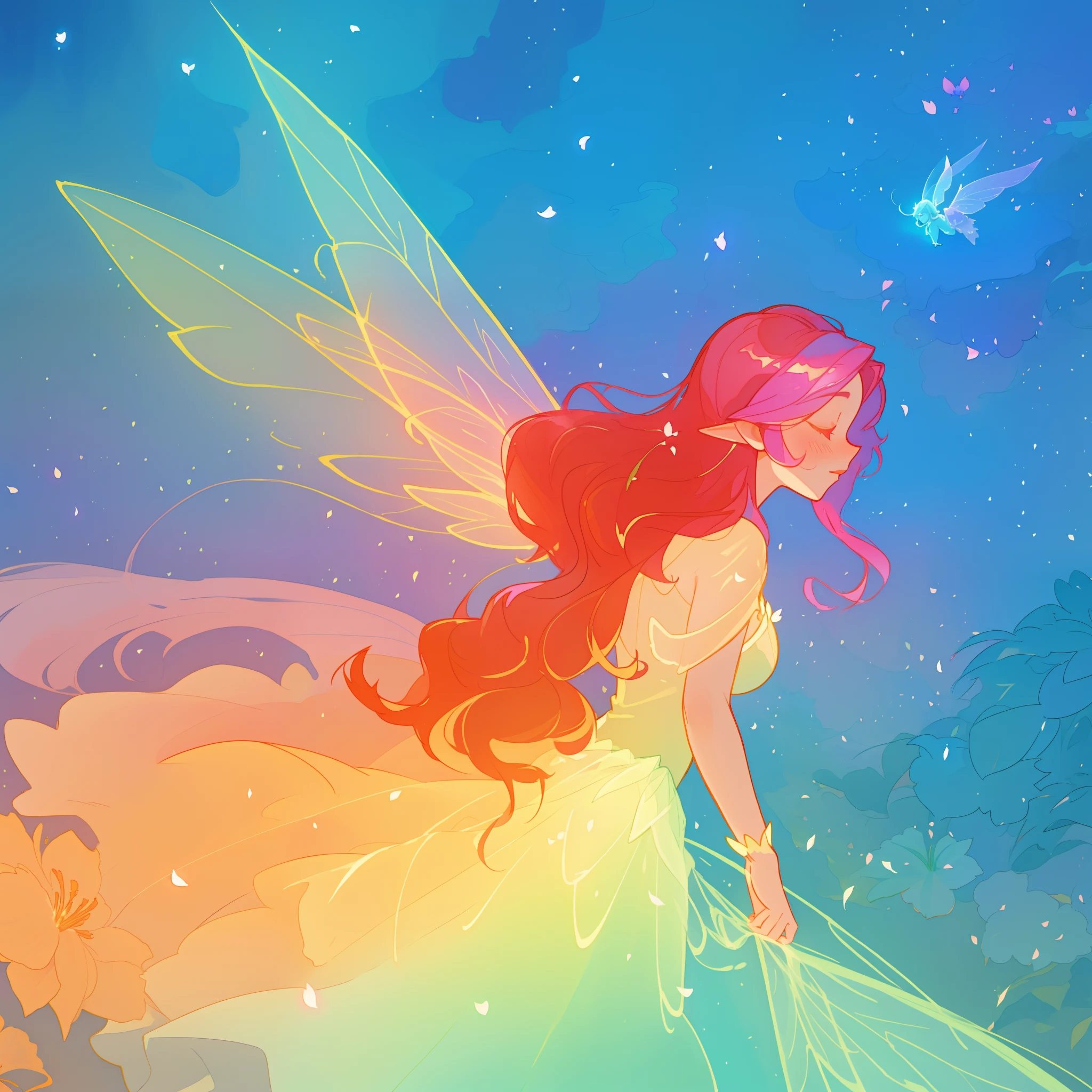 beautiful girl in flowing ballgown dress, (glowing fairy wings), glowing flowing ballgown, long wavy hair, sparkling fairy wings, watercolor illustration, flowers and colorful plants, inspired by Glen Keane, inspired by Lois van Baarle, disney art style, by Lois van Baarle, glowing aura around her, by Glen Keane, jen bartel, glowing lights! digital painting, flowing glowing hair, glowing flowing hair, beautiful digital illustration, fantasia otherworldly landscape plants flowers, beautiful, masterpiece, best quality, anime disney style