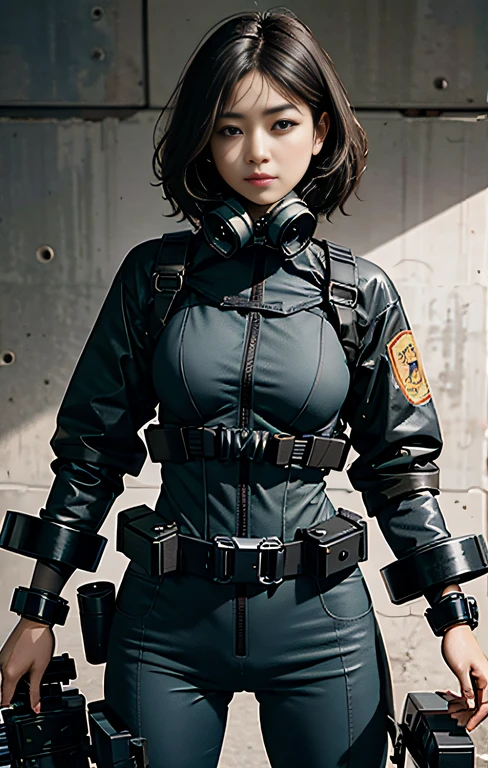 Highest image quality, outstanding details, ultra-high resolution, (realism: 1.4), ((close up:0.75)), highly condensed 1 lady, with beautiful and a delicate face, perfect proportion, aiming the viewer, ((aiming the viewer)), (chubby:0.3, small breasts), (cloths color base ratio black:0.4 white:0.5 other-color:0.1), (wearing rash-guard likes police uniform, black and gray mecha, wearing high-tech heavy gasmask, military harness, holding a machinegun, carrying hich-tech-flamethrower -tank on back), captain, background simple gray wall,