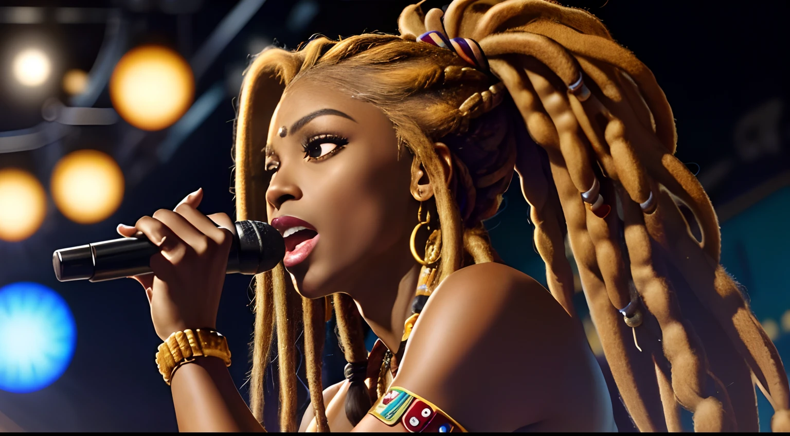 (Masterpiece:1.2), (Best Quality:1.2), perfect eyes, Woman in her 40s, perfect faces, Dark stage lighting, photo shoot, (a blond), (a blond), (a blond), long hair, ponytail hair, long hair, ponytail hair, long hair, ponytail hair, 1Girl dark skin, Gorgeous tribal dresses, thick eyelashes, makeups, eyeshadows, (Dreadlocks ), (Dreadlocks ), (Dreadlocks ), (microphone), (Singing on the club stage), (microphone), (Singing on the club stage), (microphone), (Singing on the club stage), (Hip Hop), (Hip Hop), (Hip Hop)
