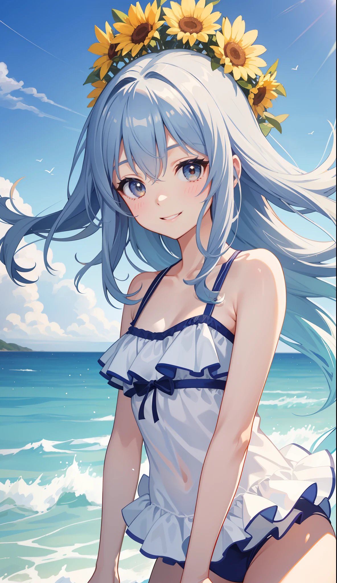 1girl in、AS-Adult、A smile、sea side、suns、the wind、Cute swimsuit、Upper body portrait、