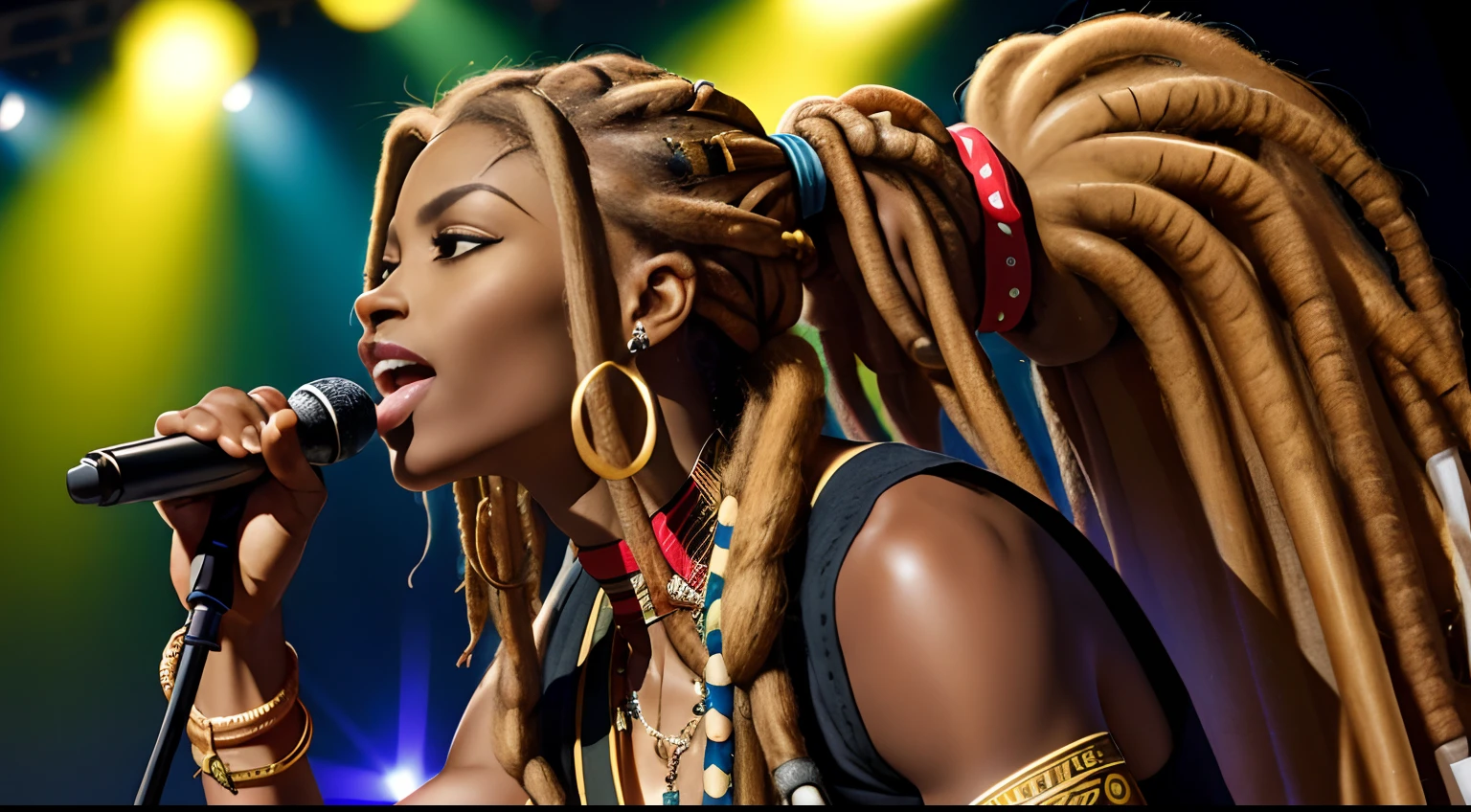 (Masterpiece:1.2), (Best Quality:1.2), perfect  eyes, Woman in her 40s, perfect faces, Dark stage lighting, photo shoot, (a blond), (a blond), (a blond), long  hair, ponytail hair, long  hair, ponytail hair, long  hair, ponytail hair, 1Girl dark skin, Gorgeous tribal dresses,  thick eyelashes, makeups, eyeshadows, (Dreadlocks ), (Dreadlocks ), (Dreadlocks ), (microphone), (Singing on the club stage), (microphone), (Singing on the club stage), (microphone), (Singing on the club stage), (Hip Hop), (Hip Hop), (Hip Hop)