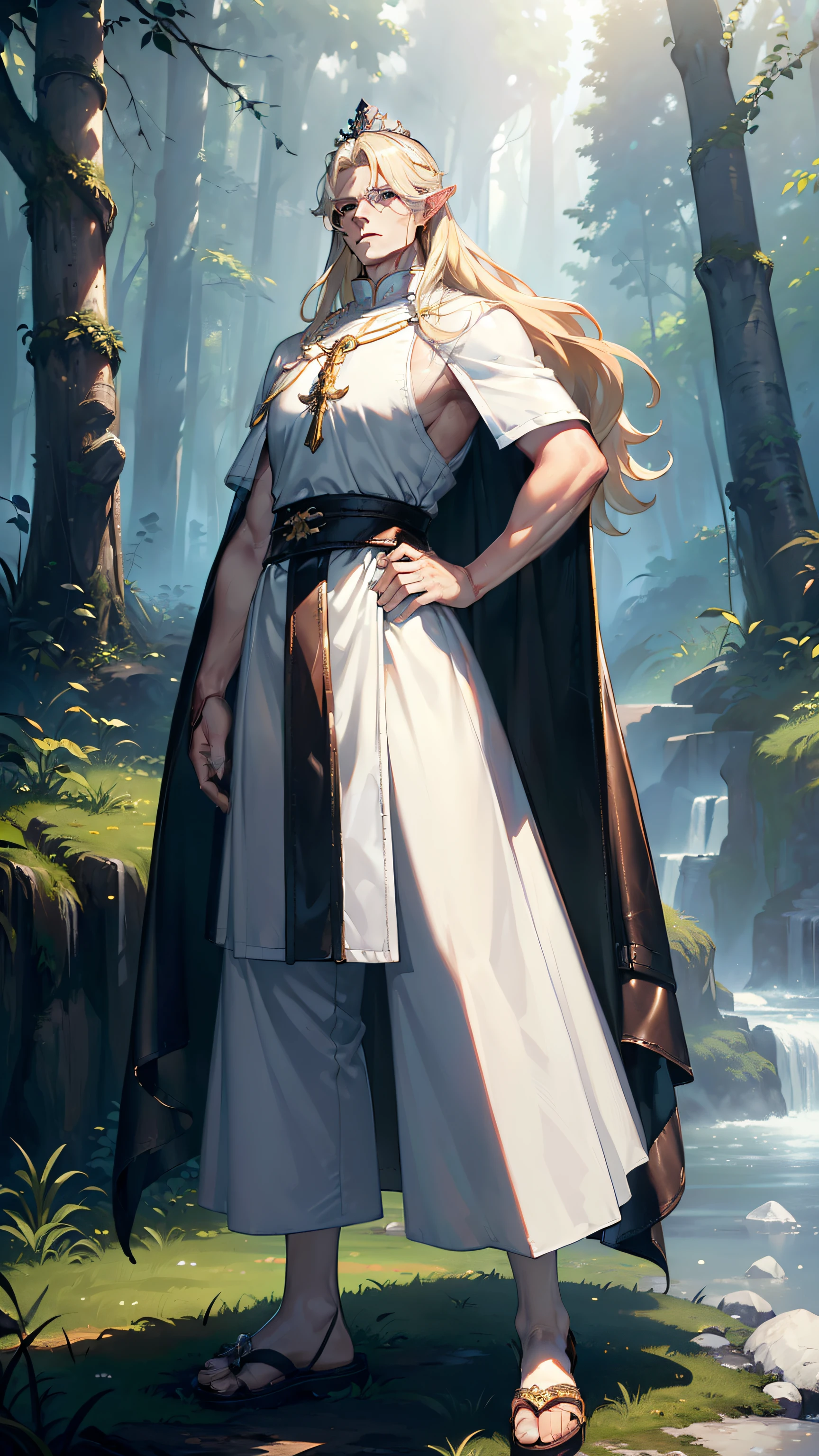 (((((male))))), masterpiece, ultra detailed, 8K Portrait, Raw photo, man's portrait photography, full body, Highly detailed face, ((Fantasy)), handsome middle age man, (((expressionless))), elf man, 1 man, (((king))), standing with hands on hips, ((crown)), (((blond long hair))), (((albino))), (((skin as white as pearl))), (((Gorgeous white long Cassock)), ((wide pants)), (((Leather Sole Sandals))), Midday Sun, Hyper realistic, (((Strong body))), Long legs, In the deep forest kingdom castle, Ambient lighting, Shadow details , Camera focus on face, strong breeze, Light fog