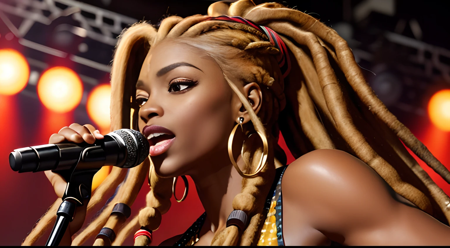 (Masterpiece:1.2), (Best Quality:1.2), perfect eyes, Woman in her 40s, perfect faces, Dark stage lighting, photo shoot, (a blond), (a blond), (a blond), long hair, ponytail hair, long hair, ponytail hair, long hair, ponytail hair, 1Girl dark skin, Gorgeous tribal dresses, thick eyelashes, makeups, eyeshadows, (Dreadlocks ), (Dreadlocks ), (Dreadlocks ), (microphone), (Singing on the club stage), (microphone), (Singing on the club stage), (microphone), (Singing on the club stage), (Hip Hop), (Hip Hop), (Hip Hop)