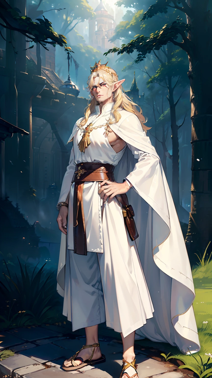 (((((male))))), masterpiece, ultra detailed, 8K Portrait, Raw photo, man's portrait photography, full body, Highly detailed face, ((Fantasy)), handsome middle age man, (((expressionless))), elf man, 1 man, (((king))), standing with hands on hips, ((crown)), (((blond long hair))), (((albino))), (((skin as white as pearl))), (((Gorgeous white long Cassock)), ((wide pants)), (((Leather Sole Sandals))), Midday Sun, Hyper realistic, (((Strong body))), Long legs, In the deep forest (((kingdom castle))), Ambient lighting, Shadow details , Camera focus on face, strong breeze, Light fog