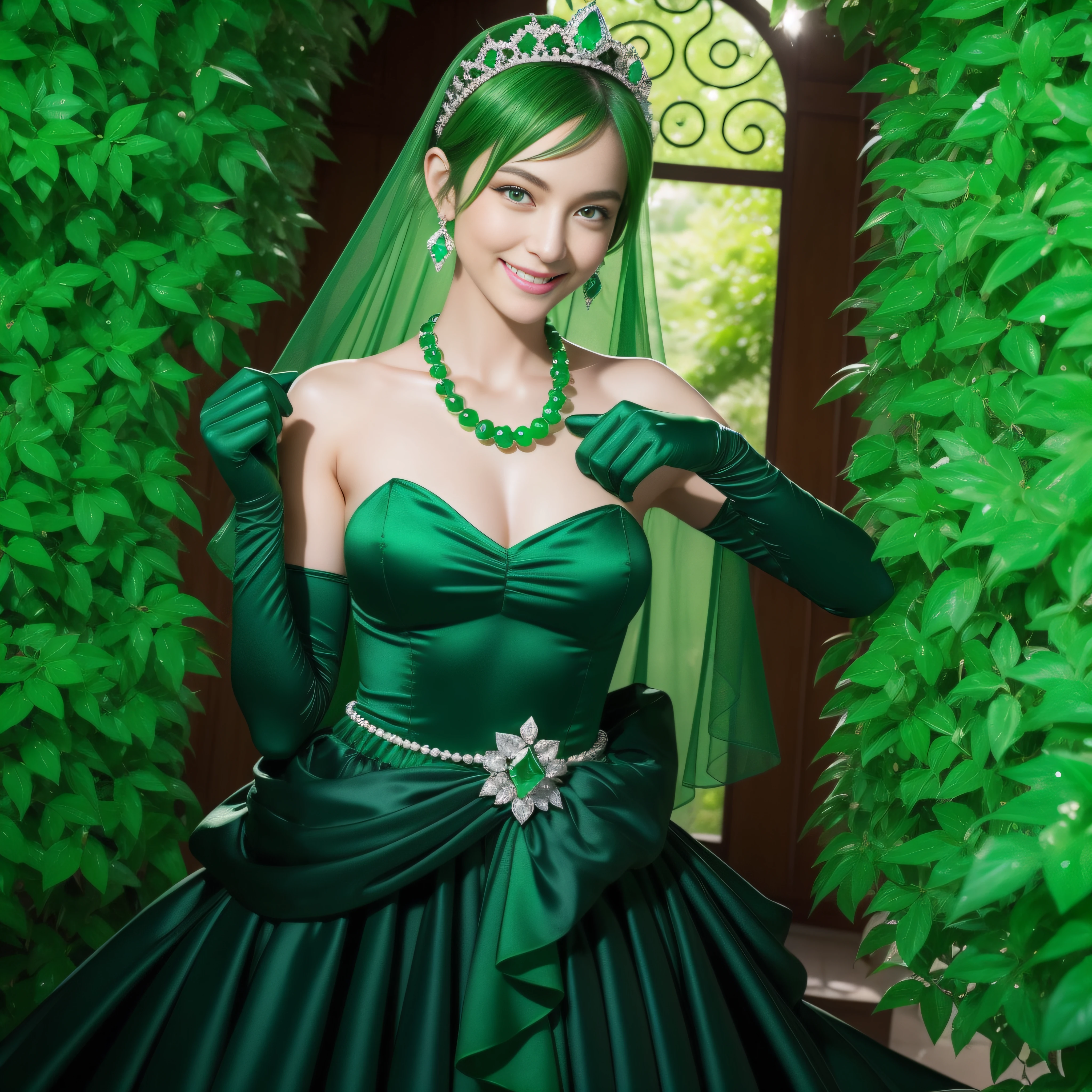 emerald tiara, Green Pearl Necklace, Boyish very short green hair, lipsticks, Japan woman smiling, very short short hair, fist, big breasts beautiful, Green eyes, Long green gloves made of satin material, Green eyes, Emerald Earrings