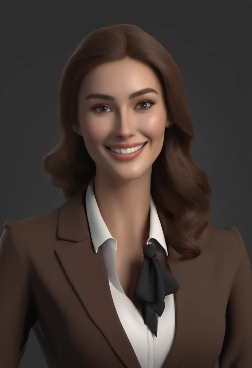 Dressed in a brown business suit、Neat and classy woman without tie。8K high definition、3D Animation Style、Dark gray background、Draw only the upper body of the character。No crumbling of the face、Hands and feet are not collapsed The expression is smiling