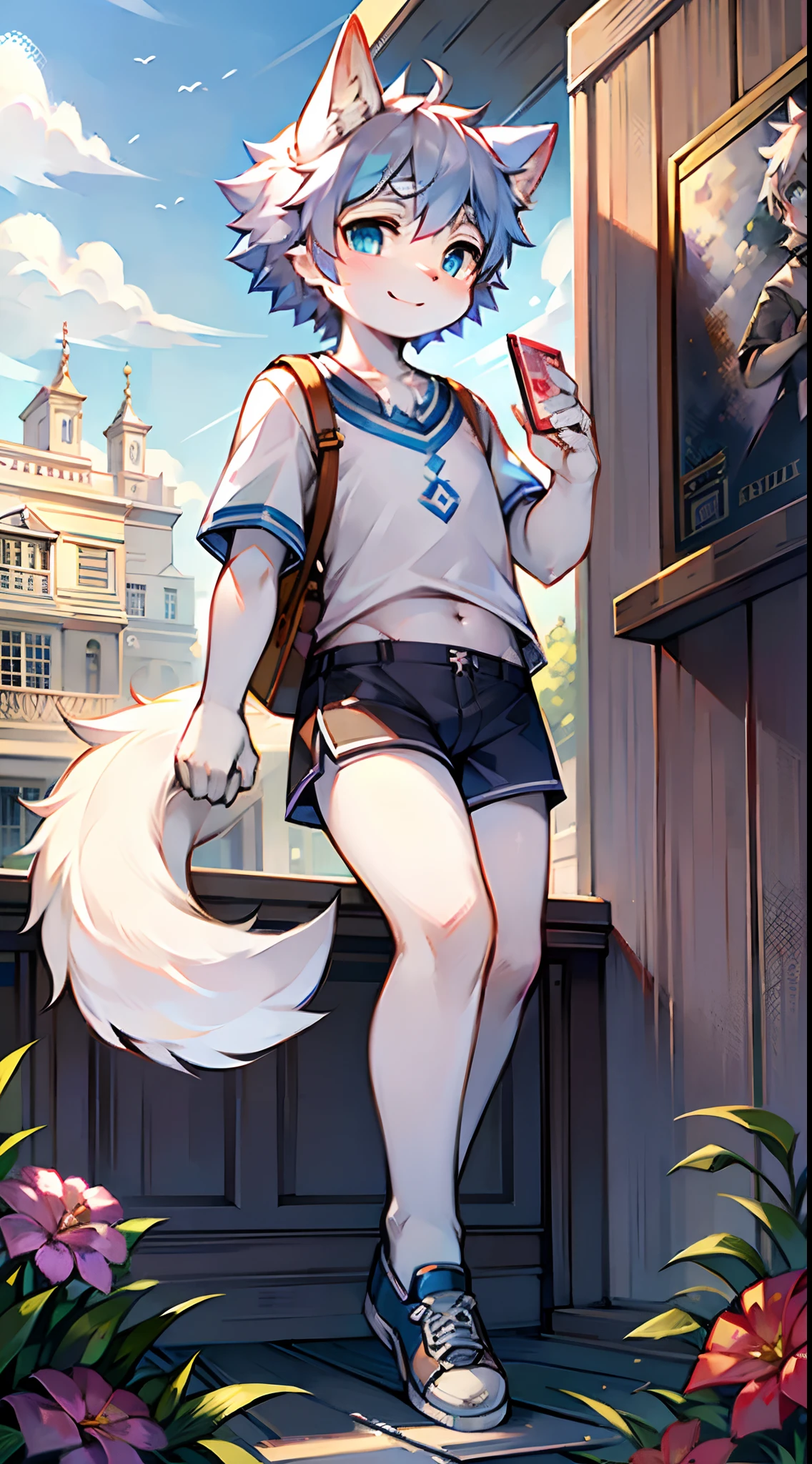 Highest image quality,Delicate painting style,Delicate hook lines,tmasterpiece,Fine fine skin,Delicate hair,Complete painting,A masterpiece,Delicate hands,finely-detailed eyes,Little white wolf,Blue pupil,boy,Shota,adolable,Cute face shape,Wear short-sleeved shorts and shoes,On the school lawn,Smiling,Carrying a school bag,beautiful weather,plethora of colors,Wallpaper phone