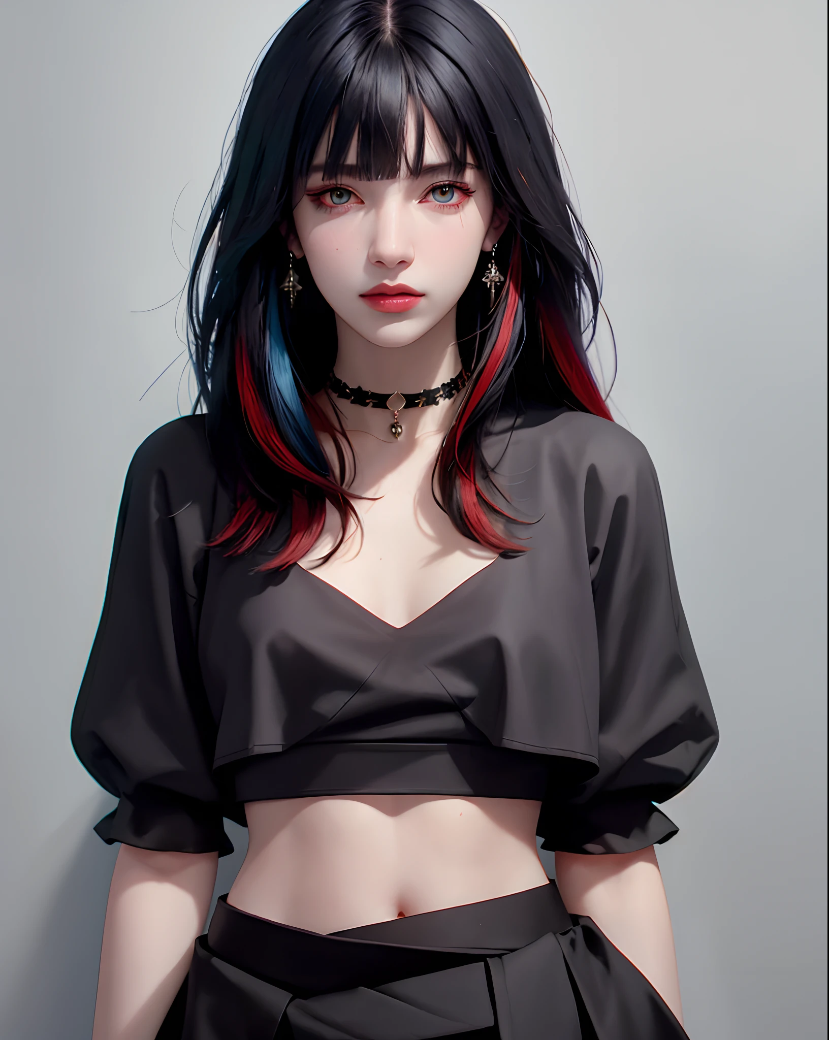 (masterpiece, best quality, 1girl, solo, intricate details, chromatic aberration), (realistic),(skin), ((breath)),(black hair,blunt bangs),detailed hair, red head ornament, blue highlights, hair over one eye,black eyes, small earrings, sharp eyes, choker,((black crop top )),(skirt),open waist,(symmetry eyes),(perfect symmetrical body), night,(((natural light))),backlighting,against grey  wall, dim lighting ,look at viewer,((centered shot, from front,(face and waist)))