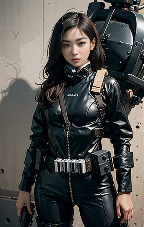 Highest image quality, outstanding details, ultra-high resolution, (realism: 1.4), ((close up:0.75)), highly condensed 1 lady, with beautiful and a delicate face, perfect proportion, aiming the viewer, ((aiming the viewer)), (chubby:0.3, small breasts), (cloths color base ratio black:0.4 white:0.5 other-color:0.1), (wearing rash-guard likes police uniform, black and gray mecha, wearing high-tech heavy gasmask, military harness, holding a machinegun, carrying hich-tech-flamethrower -tank on back), captain, background simple gray wall,
