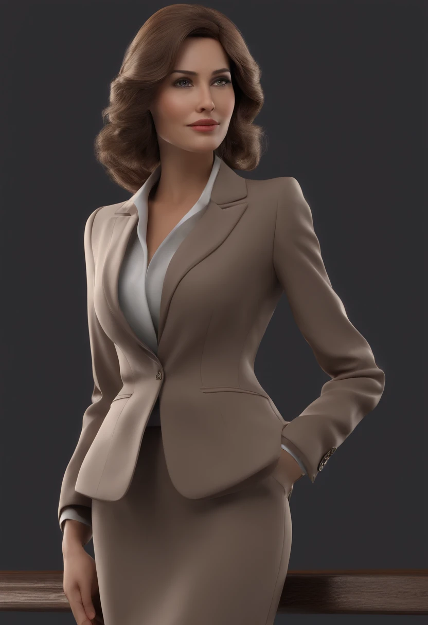 Dressed in a brown business suit、Neat and classy woman without tie。8K high definition、3D Animation Style、Dark gray background、Draw only the upper body of the character。No crumbling of the face、The expression of the hands and feet without collapse is surprising