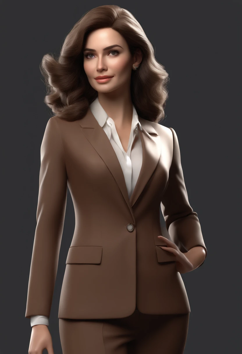 Dressed in a brown business suit、Neat and classy woman without tie。8K high definition、3D Animation Style、Dark gray background、Draw only the upper body of the character。No crumbling of the face、The expression of the hands and feet without collapse is surprising