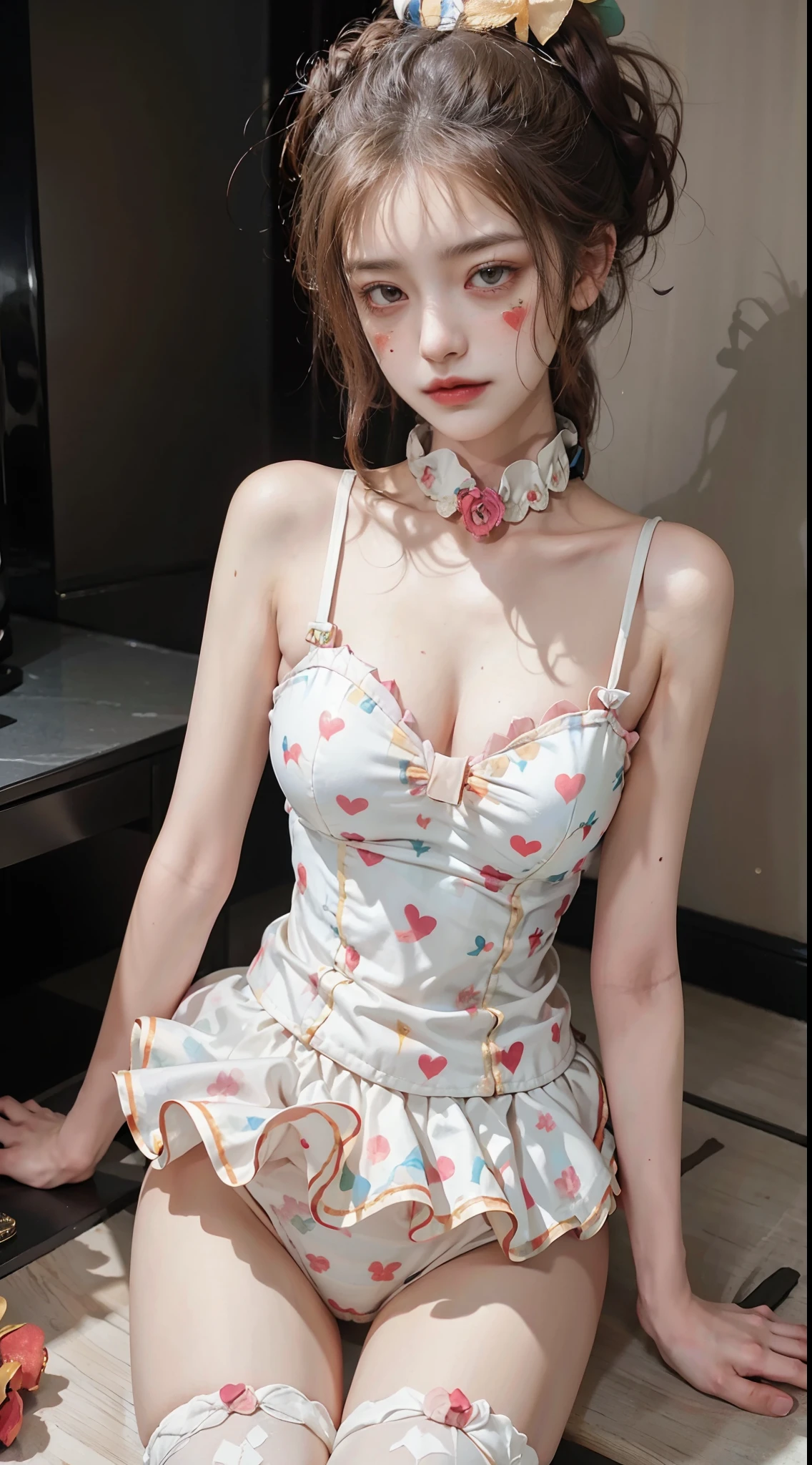 NFFSW,NFFSW,8K, Best quality, masutepiece, Highly detailed, Studio lighting, Physically-based rendering, 1girl in, Solo,
jocker. Colorful, Clown hat and flowers, Clown costume, mitts, The heart is drawn on the face, dark gold hair,(Sad), White face, Wavy hair, hair-bun,
(Upper body) full bodyesbian,