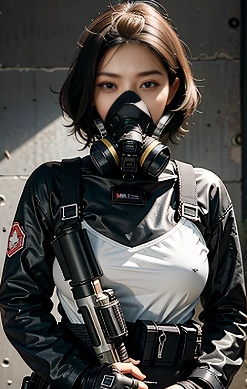 Highest image quality, outstanding details, ultra-high resolution, (realism: 1.4), ((close up:0.75)), highly condensed 1 lady, with beautiful and a delicate face, perfect proportion, aiming the viewer, ((aiming the viewer)), (chubby:0.3, small breasts), (cloths color base ratio black:0.4 white:0.5 other-color:0.1), (wearing rash-guard likes police uniform, black and gray mecha, wearing high-tech heavy gasmask, military harness, holding a machinegun, carrying hich-tech-flamethrower -tank on back), captain, background simple gray wall,