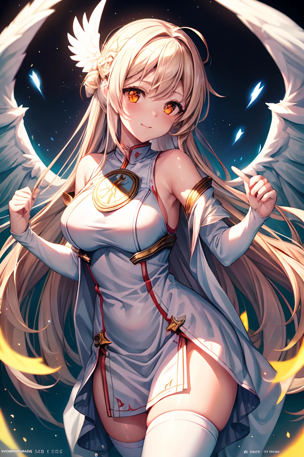 goddess, battlefield, big white wings, white dressing, glowing orange eyes, victory stand, pov, beautiful young woman