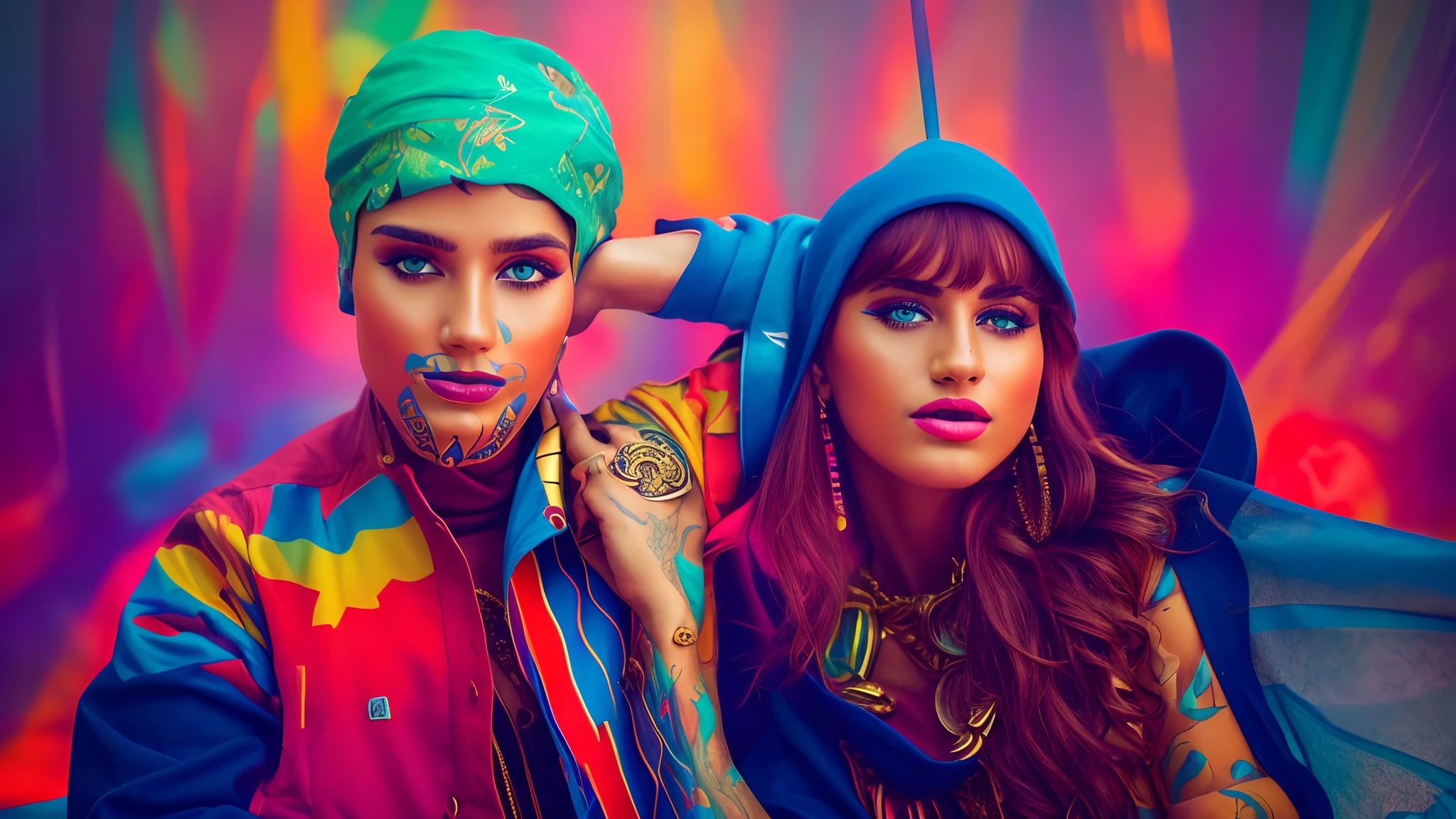 Genie,masterpiece, realistic photography, colorful background, detailed portrait, intricate details, rich colors, in style of futurism fashion, streetwear thug slavic girl, in the style of bandanas + totems, cultural documentation, colorful clothing, jewlery, raw lifestyle photography, billionaire-girls-club, flat color palette, 8k, lumen