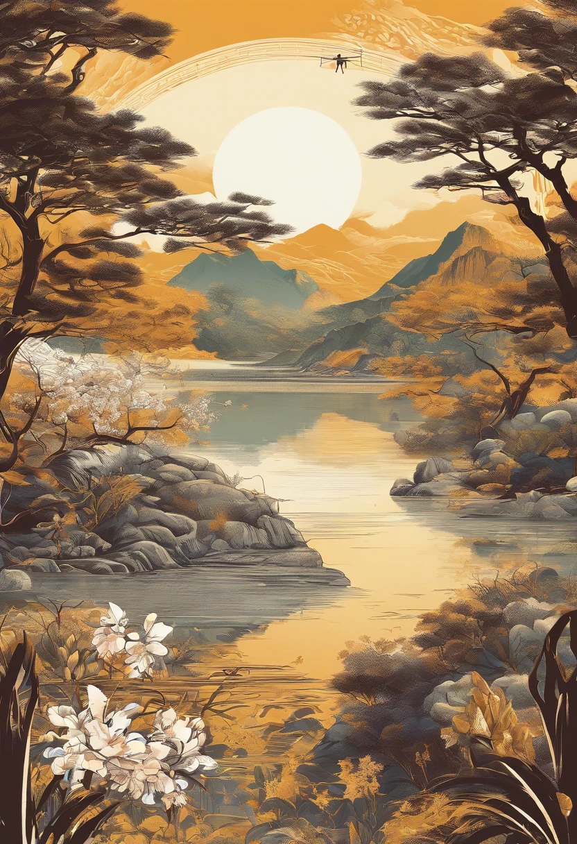 Light summer,Sun terms in Traditional Chinese,(((Lin Hsiaohua))),national style,Ink style,Single-color background,thirsty,(((cricket))),Landscape View,Ink style,Single-color background