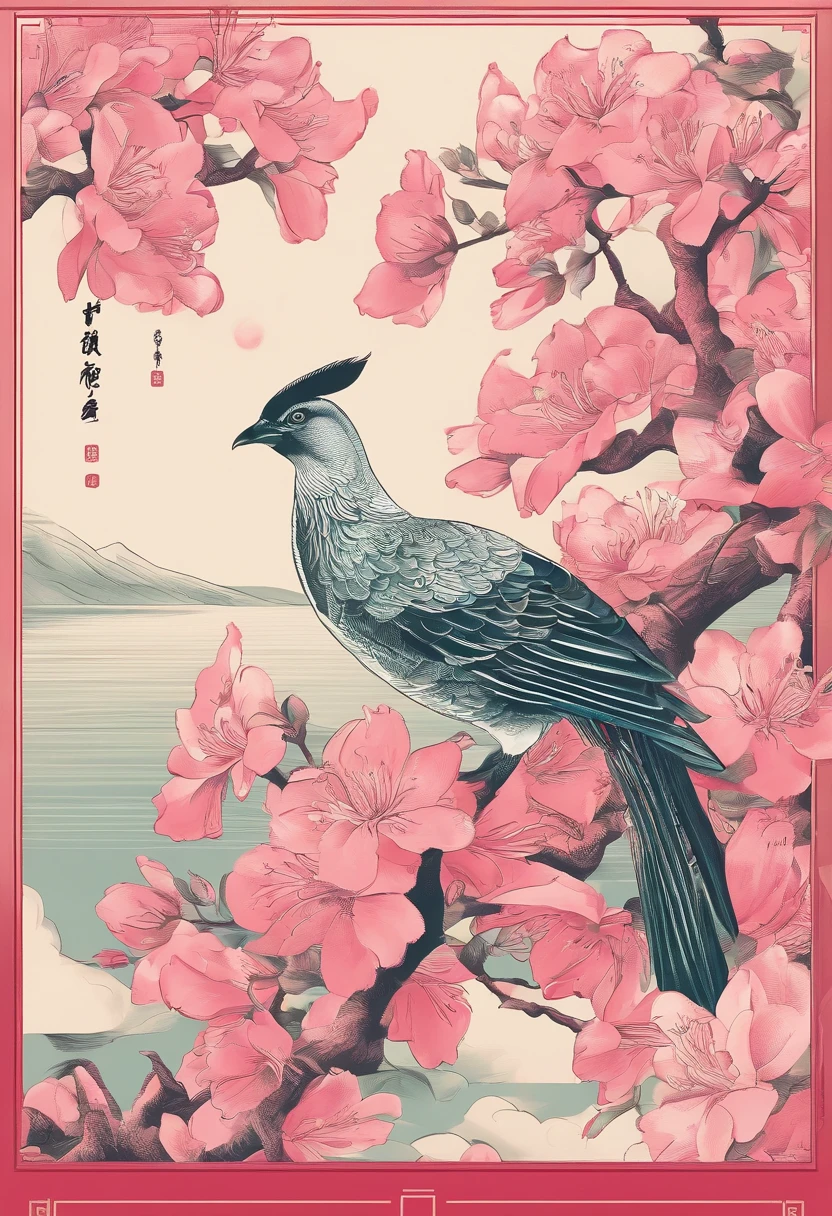 clear and bright,Sun terms in Traditional Chinese,(((azalea))),national style,Ink style,((Sateen)),Single-color background,There is one(Chongming bird),closeup cleavage,Landscape View,Do not be characterized,Do not be characterized