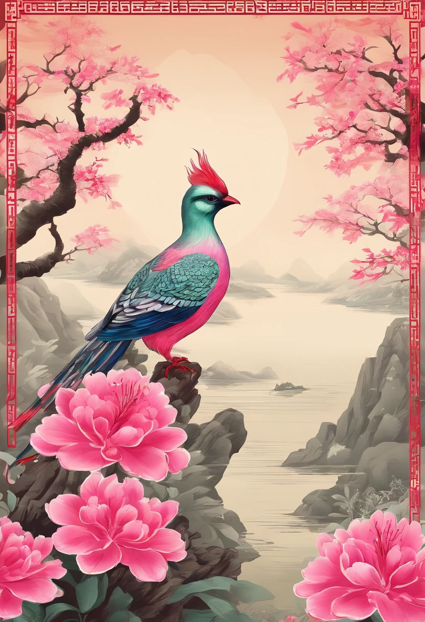 clear and bright，Sun terms in Traditional Chinese，(((azalea)))，national style，Ink style，((Sateen))，Single-color background，There is one(Chongming bird)，closeup cleavage，Landscape View，Do not be characterized，Do not be characterized