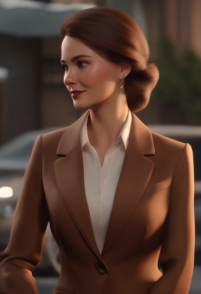 Dressed in a brown business suit、Neat and classy woman without tie。8K high definition、3D Animation Style、Laughing、Angry、Crying scene