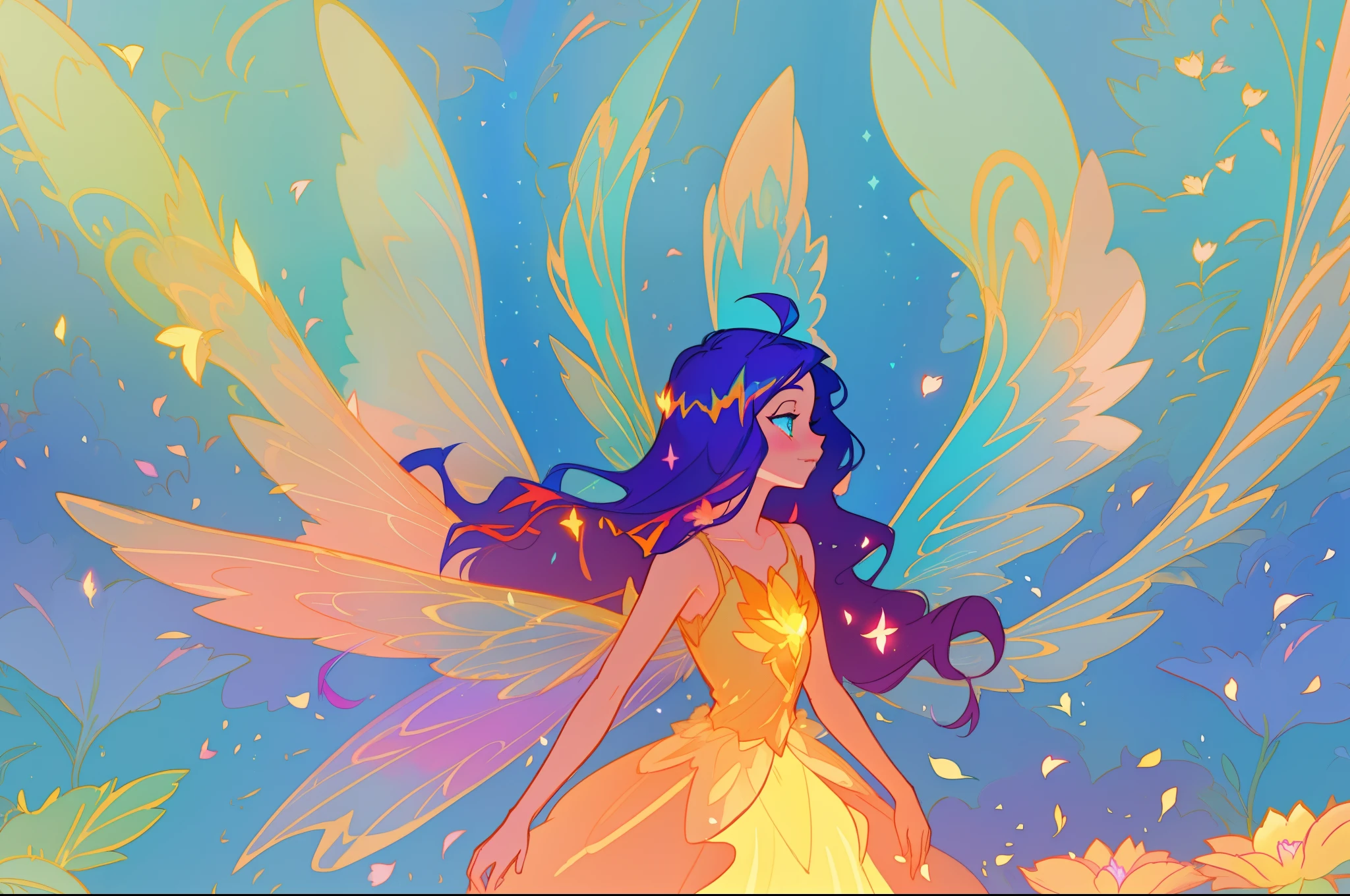 beautiful girl in flowing colorful dress, (glowing fairy wings), glowing flowing ballgown, long wavy hair, sparkling fairy wings, watercolor illustration, flowers and colorful plants, inspired by Glen Keane, inspired by Lois van Baarle, disney art style, by Lois van Baarle, glowing aura around her, by Glen Keane, jen bartel, glowing lights! digital painting, flowing glowing hair, glowing flowing hair, beautiful digital illustration, fantasia otherworldly landscape plants flowers, beautiful, masterpiece, best quality, anime disney style