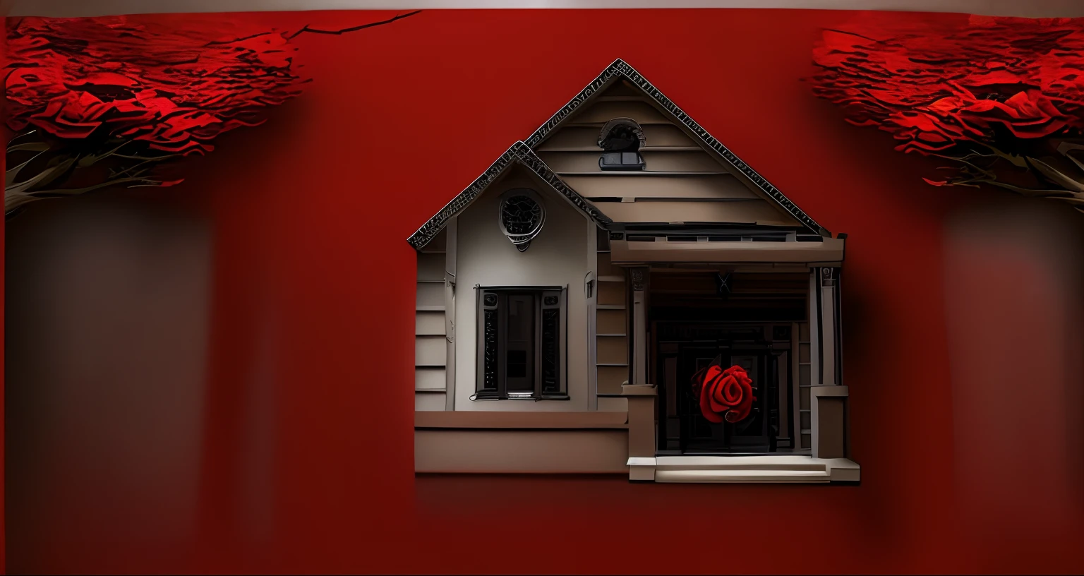 style moder house, tree, red rose,