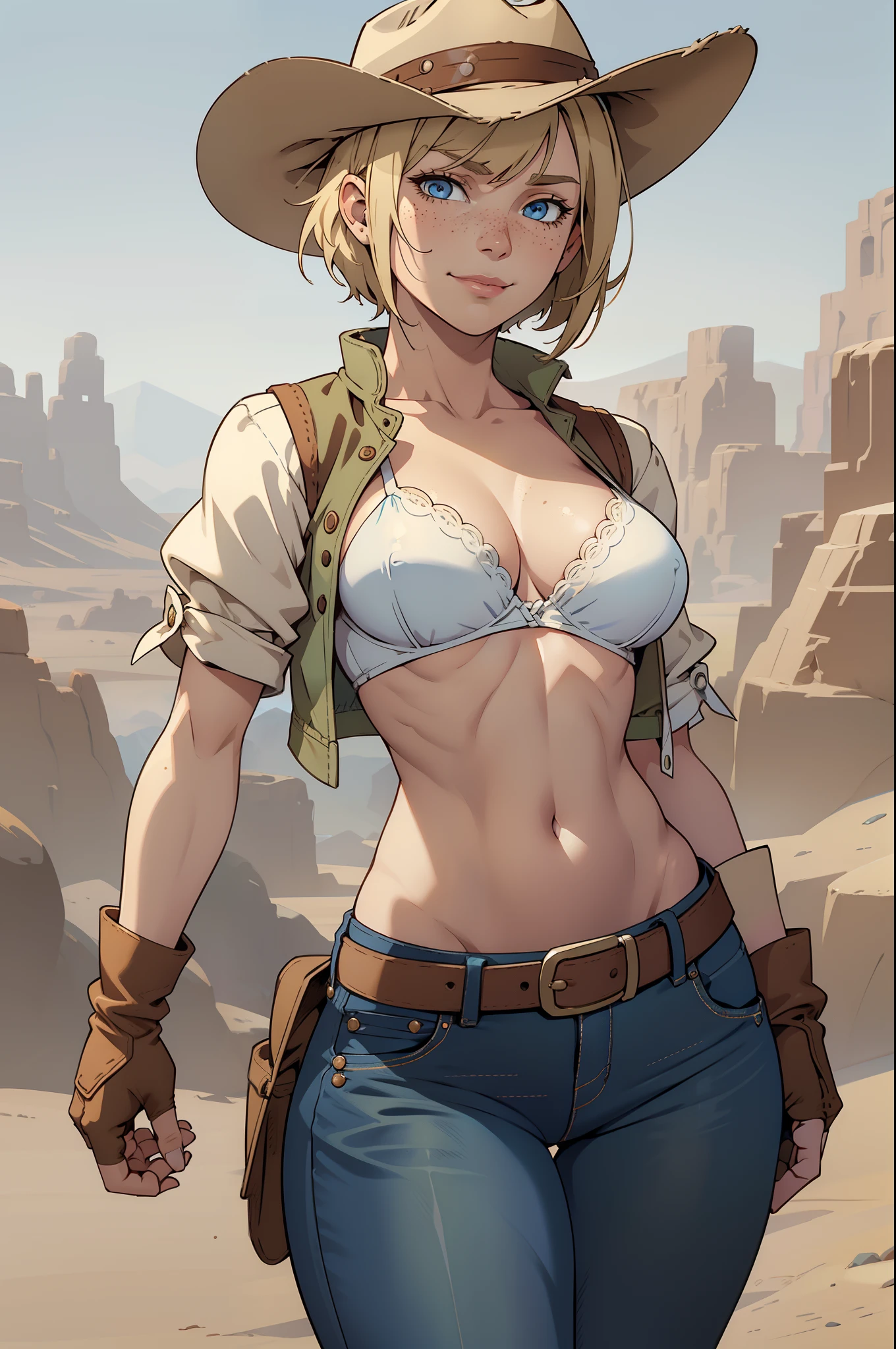 1girl, cowboy hat, white bra, green vest, no sleeves, navel, blue jeans, brown boots, fingerless gloves, short gloves, slight smile, short hair, blonde hair, parted bangs, blue eyes, slight freckles, sensual pose, wide hips, wild West background, sunny desert background, belt, best quality, masterpiece
