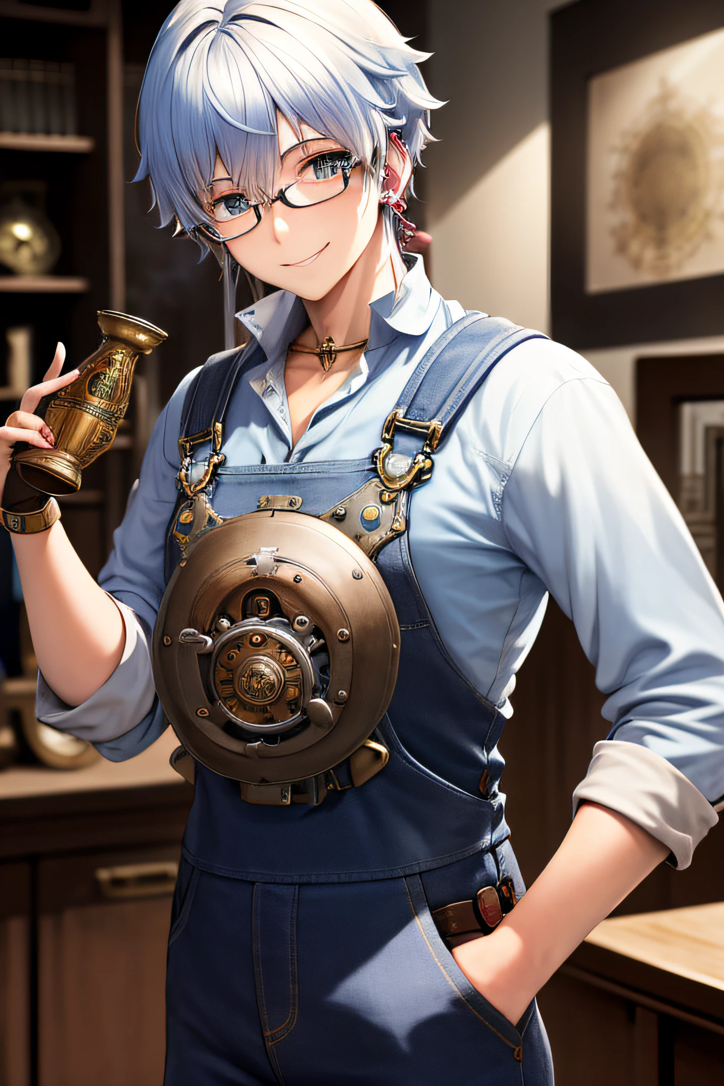 masterpiece, highres, best quality, male, blue messy hair, round glasses, steam punk overalls, smiling nervously, in a steampunk office.