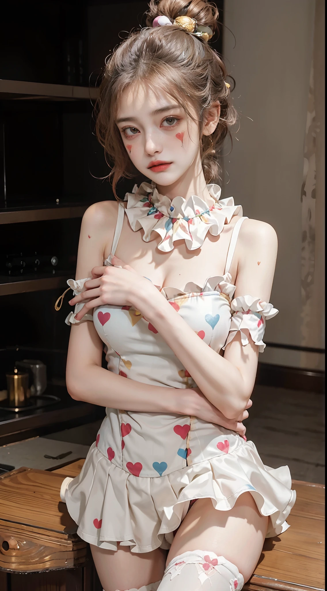 NFFSW,NFFSW,8K, Best quality, masutepiece, Highly detailed, Studio lighting, Physically-based rendering, 1girl in, Solo,
jocker. Colorful, Clown hat and flowers, Clown costume, mitts, The heart is drawn on the face, dark gold hair,(Sad), White face, Wavy hair, hair-bun,
(Upper body) full bodyesbian,