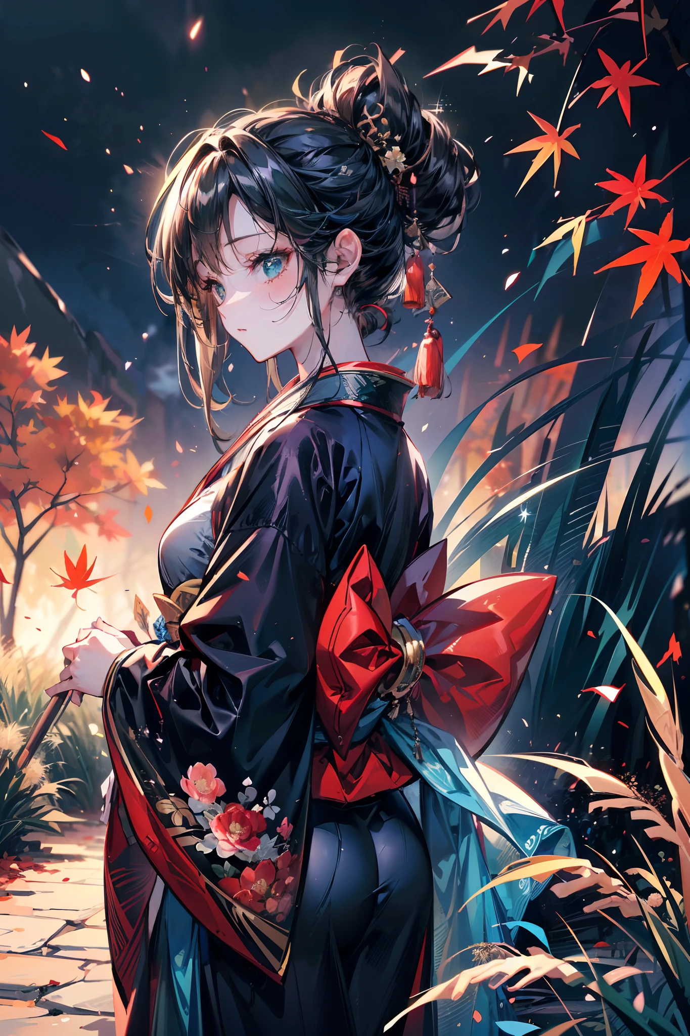 (Landscape photo, with a woman in the bottom right of photo:1.5, in autumn:1.5, Japanese pampas grass:1.5), Masterpiece, best quality, (very detailed CG unity 8k wallpaper), (best quality), (best illustration), (best shadows), luminous sprite, mountain stream, (ancient Chinese architecture:0.6), natural elements in a grassland theme. Night Mysterious field, beautiful night grassland, stone steps, stone bridge, night nature surrounded by night flowers, leaves and red branches surrounded by fireflies (natural elements), (night blackout), (night dark sky), (night grassland theme), (red glowing grass), (leaves), (branches), (red fireflies), (particle effects), 3D, dark background, Octane rendering, ray tracing, super detail, night, moon, (ultra high resolution:1.3, 8K RAW photo, photo realistics:1.2, thin outline:1.37), dark turquoise green medium short hair, (updo, wavy hair), (The navyblue clothes is embellished with delicate gold detailed flower ornaments), milf, Beautiful matured girl, (fine detailed beautiful eyes, looking away), a woman in a burgundy clothes and gold delicate ornaments, Anime, a beautiful fantasy character, stylish illustration, woman at bottom right of frame, kantai-collection style,