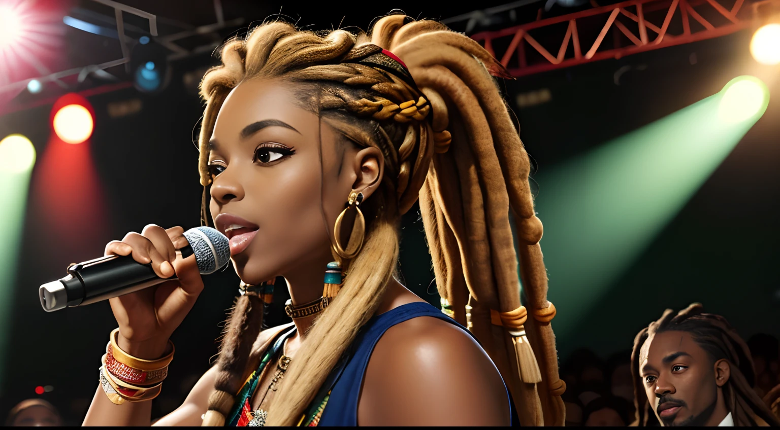 (Masterpiece:1.2), (Best Quality:1.2), perfect eyes, Woman in her 40s, perfect faces, Dark stage lighting, photo shoot, (light blonde), (light blonde), (light blonde), long hair, ponytail hair, long hair, ponytail hair, long hair, ponytail hair, 1Girl dark skin, Gorgeous tribal dresses, thick eyelashes, makeups, eyeshadows, (Dreadlocks ), (Dreadlocks ), (Dreadlocks ), (microphone), (Singing on the club stage), (microphone), (Singing on the club stage), (microphone), (Singing on the club stage), (Hip Hop), (Hip Hop), (Hip Hop)