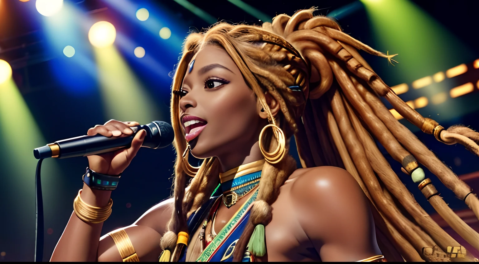 (Masterpiece:1.2), (Best Quality:1.2), perfect  eyes, Woman in her 40s, perfect faces, Dark stage lighting, photo shoot, (light blonde), (light blonde), (light blonde), long  hair, ponytail hair, long  hair, ponytail hair, long  hair, ponytail hair, 1Girl dark skin, Gorgeous tribal dresses,  thick eyelashes, makeups, eyeshadows, (Dreadlocks ), (Dreadlocks ), (Dreadlocks ), (microphone), (Singing on the club stage), (microphone), (Singing on the club stage), (microphone), (Singing on the club stage), (Hip Hop), (Hip Hop), (Hip Hop)