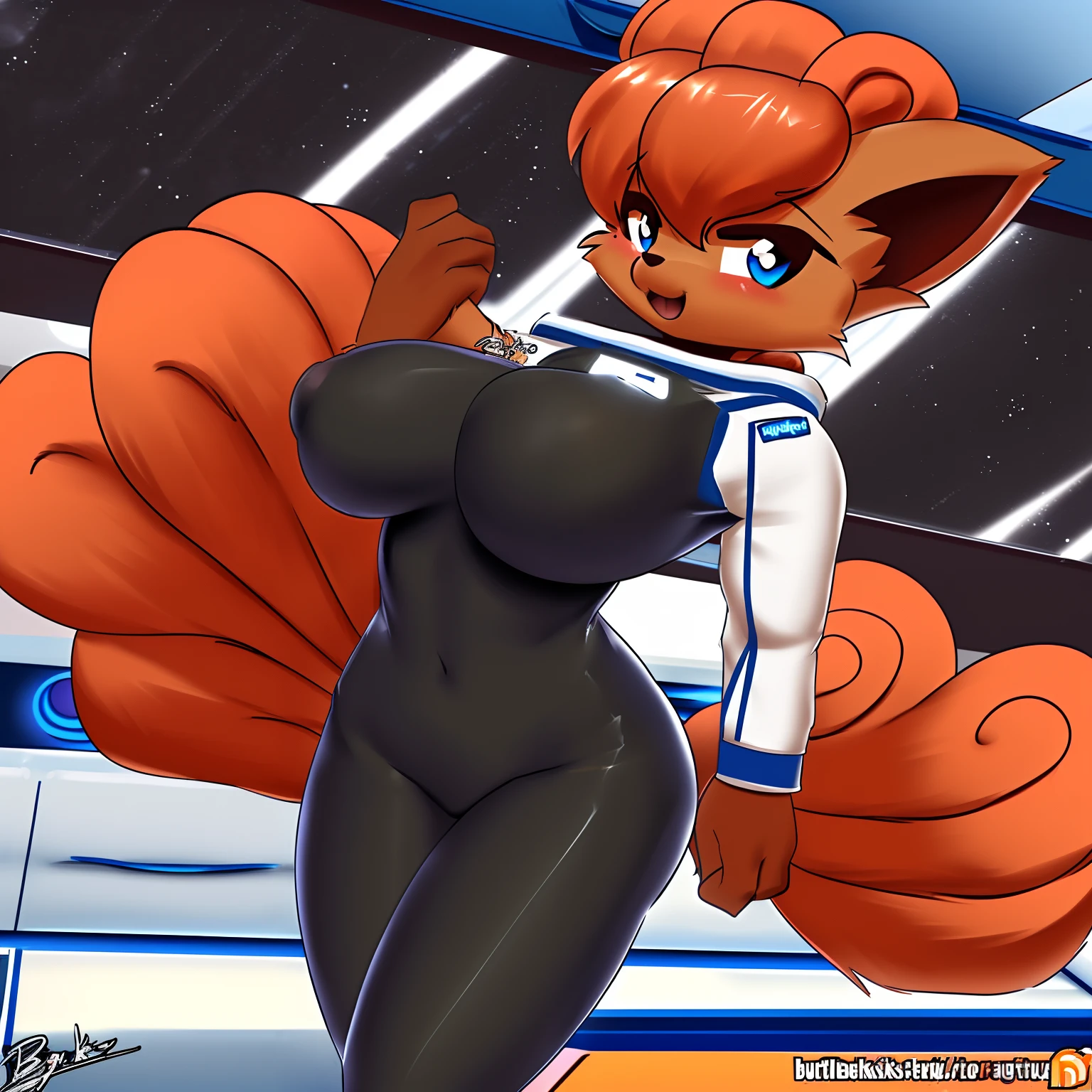 1girl (Made by Burgerkiss), ((Kanto Vulpix)), woman, ((solo)), ((big and firm breasts, antrum, extremely detailed, extremely detailed legs, extremely detailed arms, extremely detailed face, perfectly detailed eyes, perfectly detailed anatomy)), she's in a space station, ((Wearing an Astronaut Black Suit)) (((Not exposed))