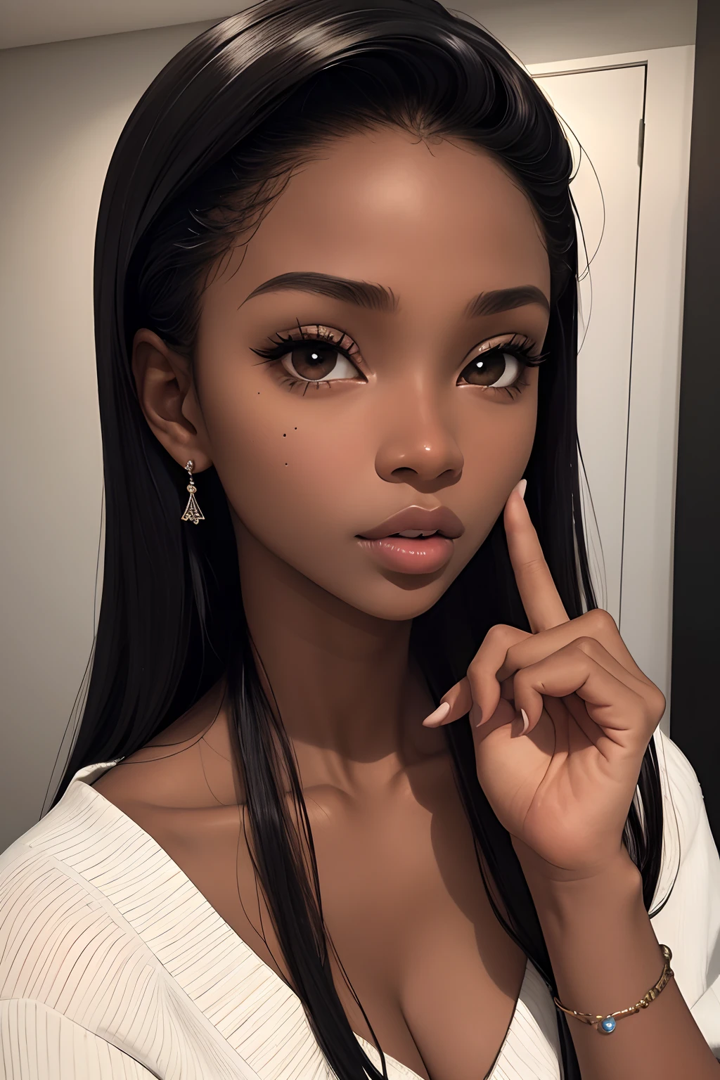 (masterpiece, best quality), deep ebony 1girl, beautiful face, finger on lips