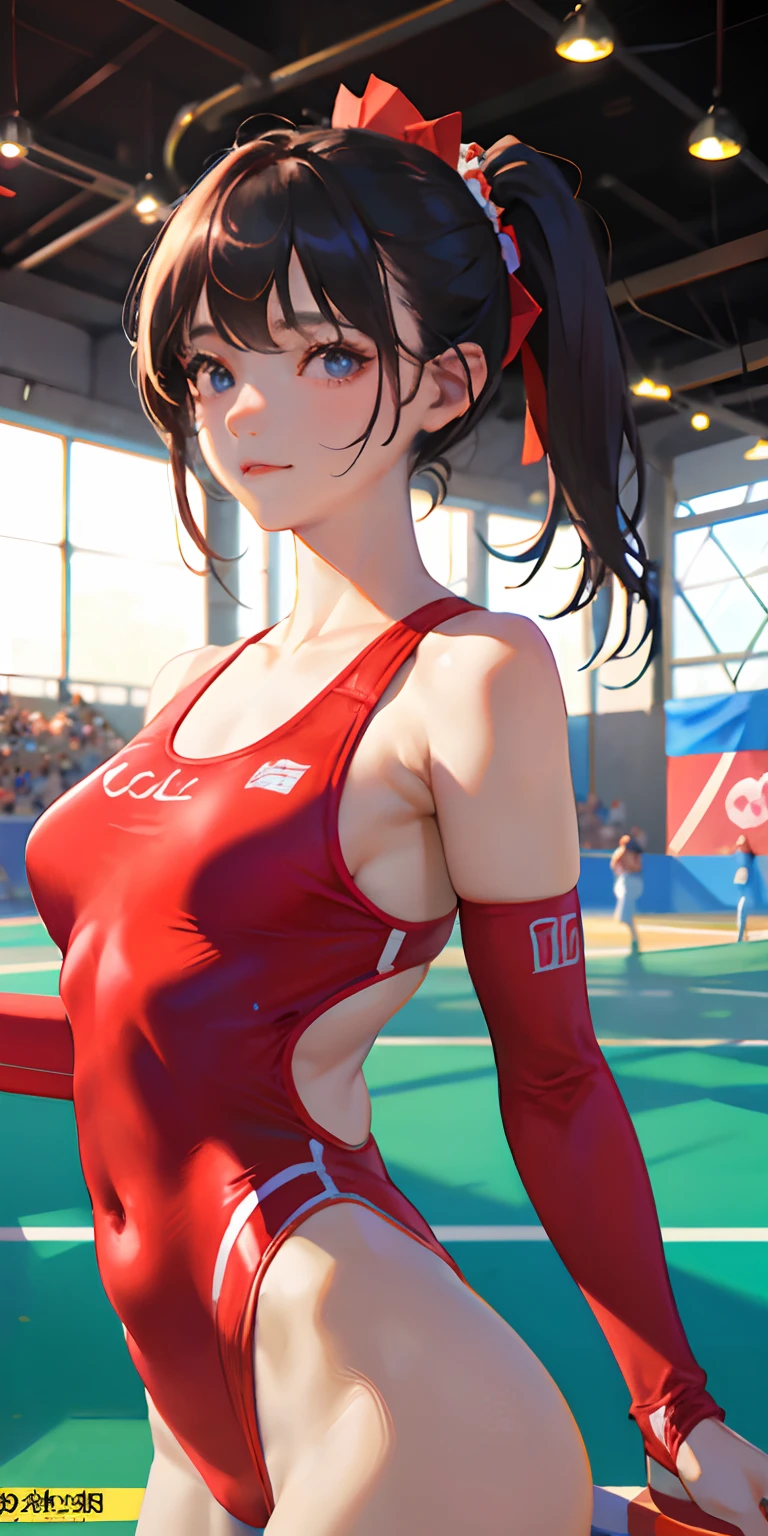masterpiece、top-quality、hight resolution、Realistic Girl、gymnast、Close-up of a person、Wear a red bodysuit、During gymnastics competitions、Smile、Gymnastics competition venue、A sexy