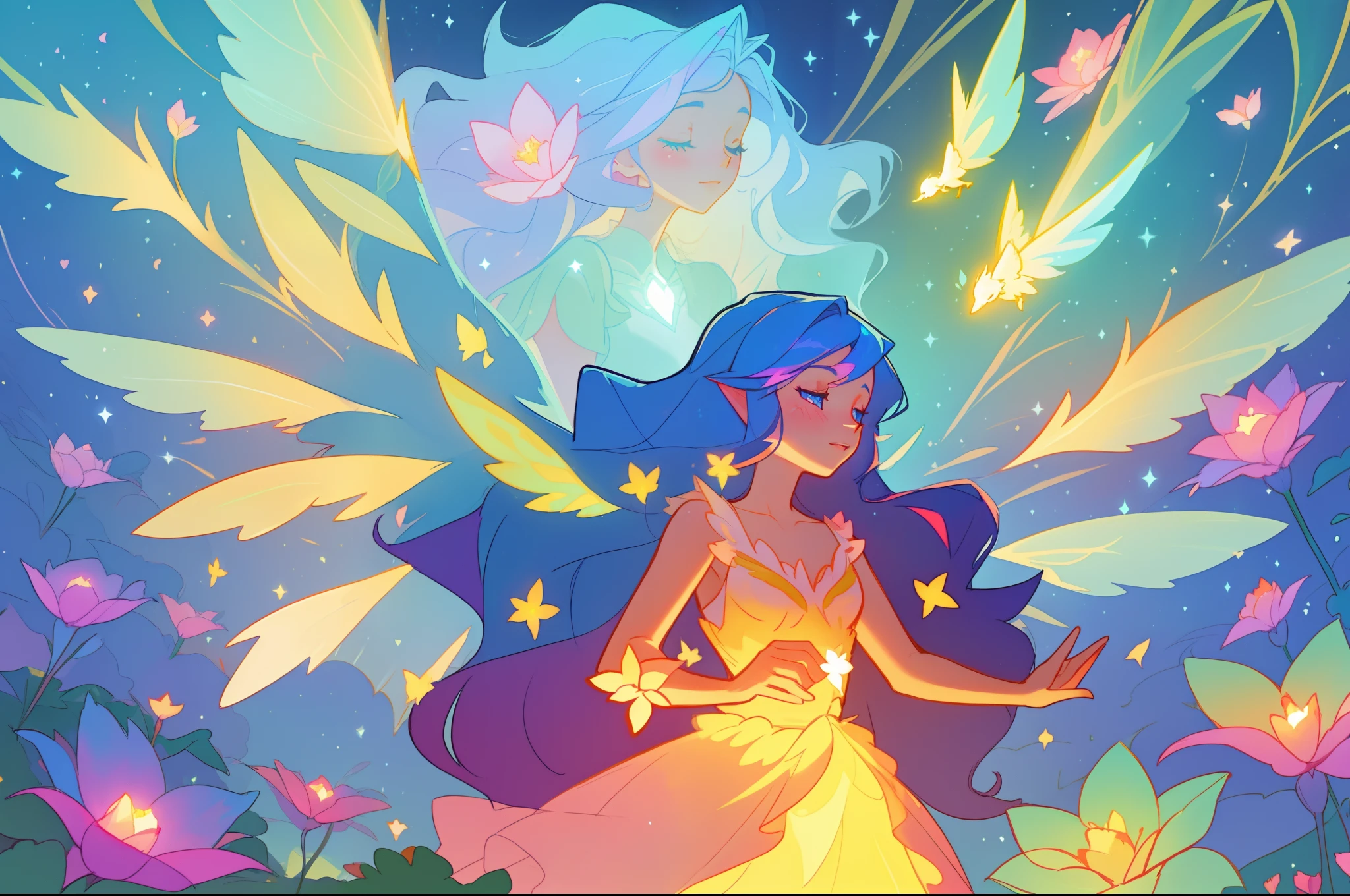 beautiful girl in flowing dress, (glowing fairy wings), glowing flowing ballgown, long wavy hair, sparkling fairy wings, watercolor illustration, flowers and colorful plants, inspired by Glen Keane, inspired by Lois van Baarle, disney art style, by Lois van Baarle, glowing aura around her, by Glen Keane, jen bartel, glowing lights! digital painting, flowing glowing hair, glowing flowing hair, beautiful digital illustration, fantasia otherworldly landscape plants flowers, beautiful, masterpiece, best quality, anime disney style