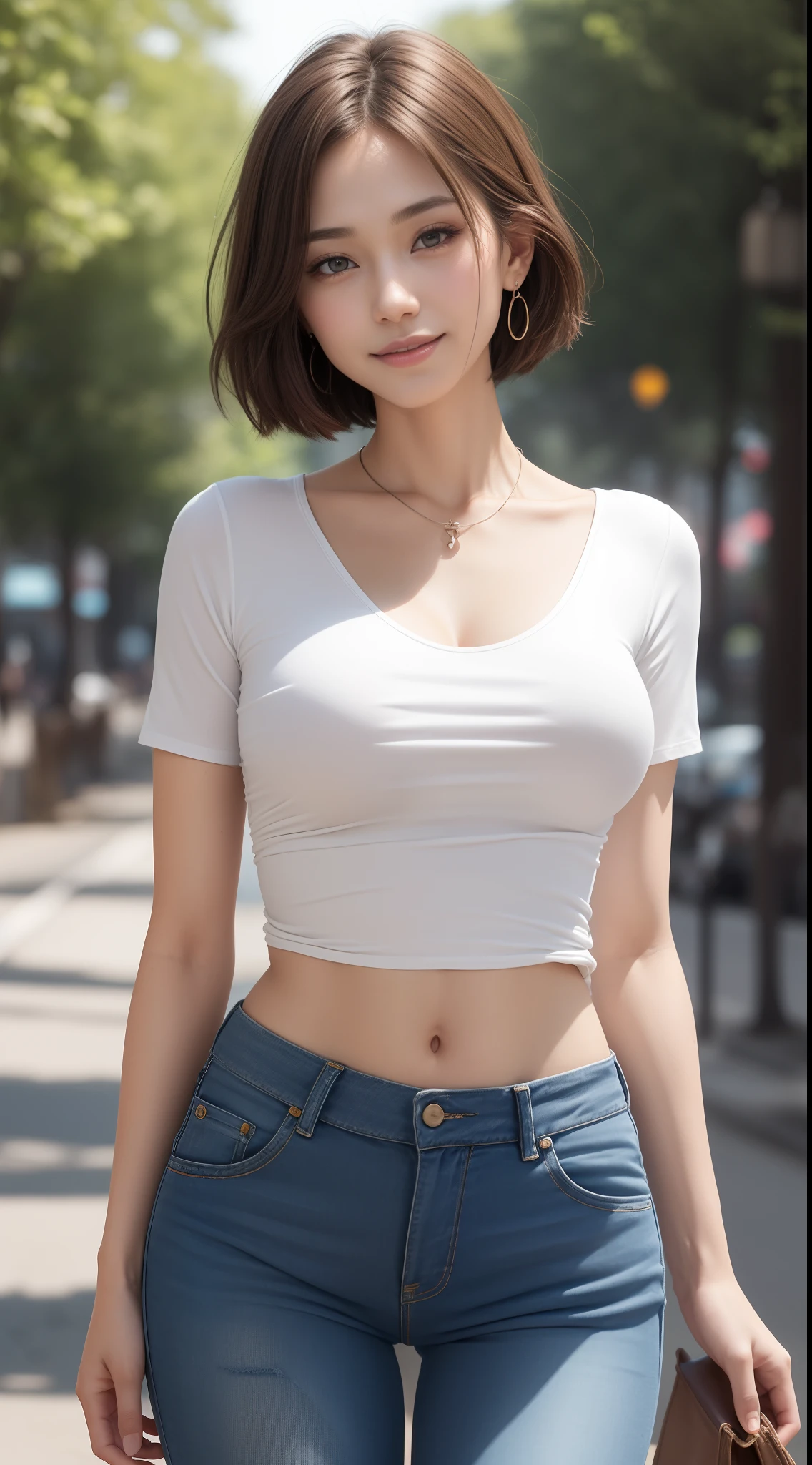 ((Best Quality, 8k, Masterpiece: 1.3)), 1 girl, smile, full body, slim face, pretty woman, huge boobs with prominent, (dark brown hair), white transparent shirt, blue short jeans, super detailed face, detailed eyes, double eyelids, blurred background, slender legs, city, outside, street,