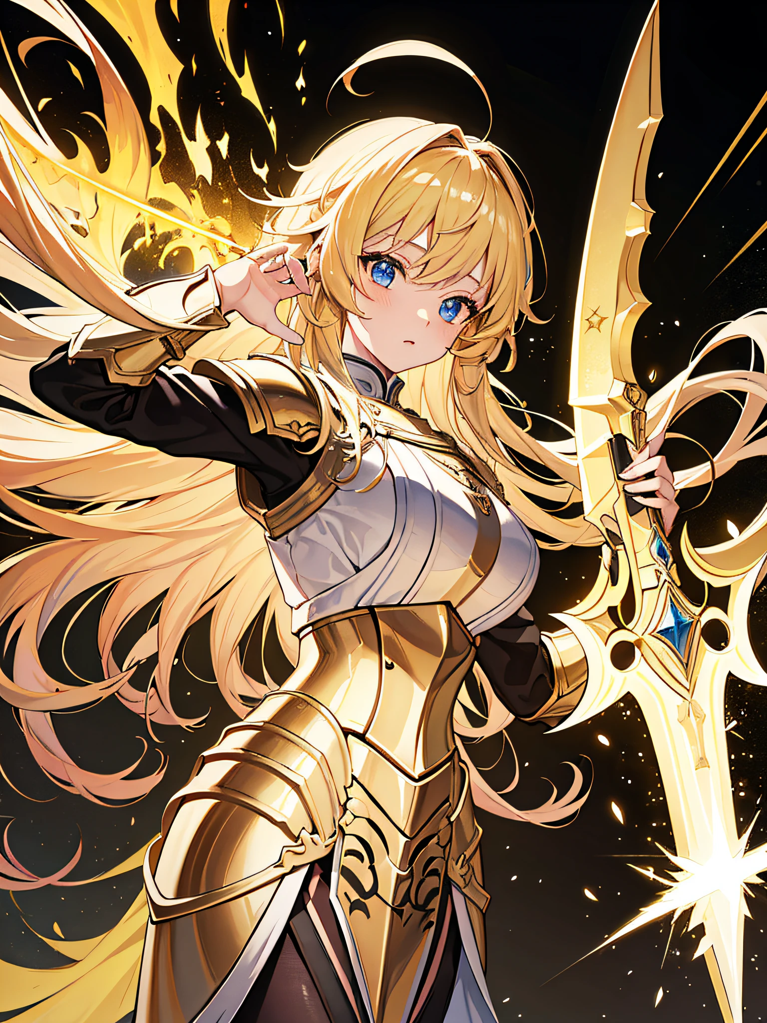 {{{{amazing quality, great quality, high quality, very aesthetic, aesthetic, best quality}}}}, 
realistic, photo, shadow, Three-dimensional, absurdres, Digital art, 
{{{{Princess Knight}}}}, beautiful girl, one girl, 
blonde hair, long straight hair, hair, trimmed hair, shiny hair, blunt bangs, short sideburns, 
green eyes, tareme, 
{{flat chest}}, {{small breasts}}, {{detailed body}}, slim thighs, thin thighs, 
{{{white full body tights}}}, {{{white underwear}}}, 
{golden breastplatered}, {golden chest armor}, {golden arm armor}, {golden leg armor}, 
{covered navel}, {visible chest}, {both shoulders expose}, 
heart brooch, heart-shaped choker on left arm, white headband, white circlet, sword, 