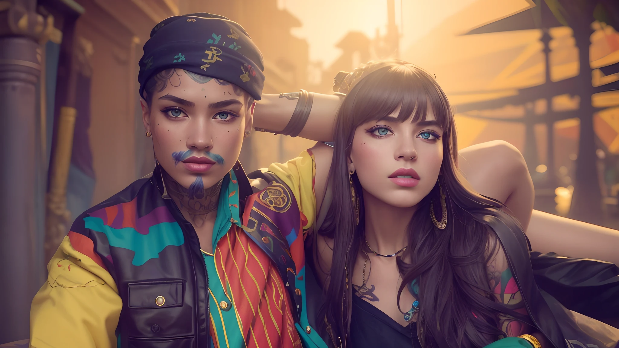 Genie,masterpiece, realistic photography, colorful background, detailed portrait, intricate details, rich colors, in style of futurism fashion, streetwear thug slavic girl, in the style of bandanas + totems, cultural documentation, colorful clothing, jewlery, raw lifestyle photography, billionaire-girls-club, flat color palette, 8k, lumen