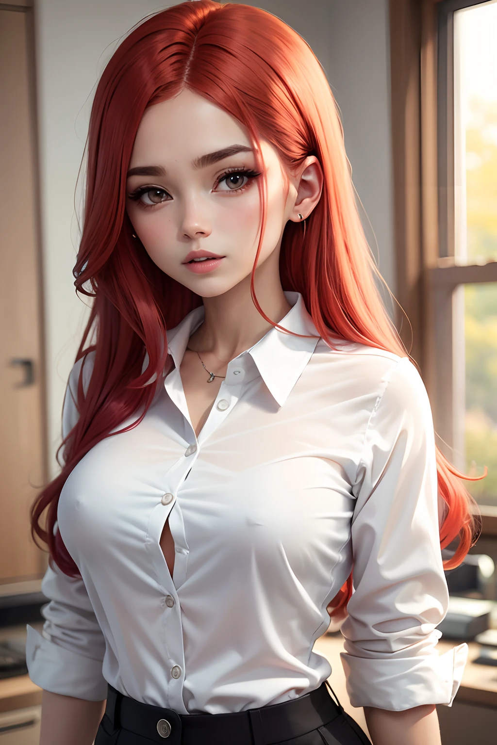 camisa blanca, camisa abierta, Oficina, red hair, minifalda