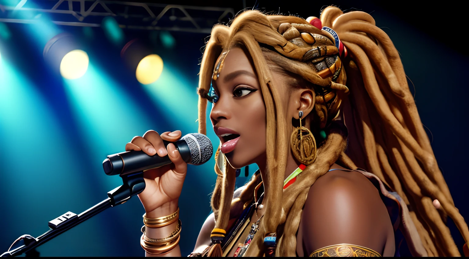 (Masterpiece:1.2), (Best Quality:1.2), perfect eyes, Woman in her 40s, perfect faces, Dark stage lighting, photo shoot, (a blond), (a blond), (a blond), long hair, ponytail hair, long hair, ponytail hair, long hair, ponytail hair, 1Girl dark skin, Gorgeous tribal dresses, thick eyelashes, makeups, eyeshadows, (Dreadlocks ), (Dreadlocks ), (Dreadlocks ), (microphone), (Singing on the club stage), (microphone), (Singing on the club stage), (microphone), (Singing on the club stage), (Hip Hop), (Hip Hop), (Hip Hop)