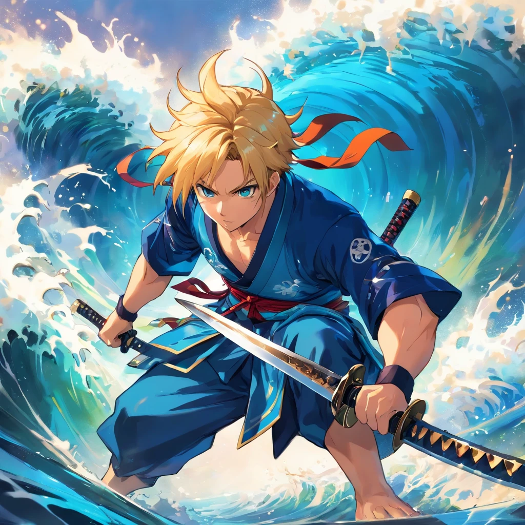 (best quality,ultra-detailed,realistic:1.37), anime, (blue samurai heavy armor,armor:1.1), (short blonde hair:1.1), (blonde beard:1.1), (katana:symbolic,shiny), (water:calm,reflective), (tsunami:ominous), (attacking:battle-ready,ferocious), (slash:powerful,horizontal), (unbeatable masterpiece:1.2)

In this painting，Showing a male anime character。He wears a dark blue Daming armor，This armor has a strong visual impact（blue samurai heavy armor），It gives a sense of unwavering and boundless strength。He has short blonde hair，Slightly stubby，With his fluffy golden beard（short blonde hair, blonde beard）Complement each other。He holds a sharp katana（katana），This knife is breathtaking，The blade shimmers in the light（shiny）。Surrounded by a tranquil water（water），The reflection of the water adds a sense of tranquility and mystery to the whole scene（calm, reflective）。Sin embargo，A powerful tsunami is forming above the sea（tsunami），This great wave appears majestic and inviolable（ominous），It feels a sense of imminent crisis。The male character is carrying a knife，Sprint forward with an indestructible attitude（attacking），His movements are full of the ferocity of battle and the visual impact of the heart。He wielded his sword and slashed a shocking slash（slash），The sword is like a storm，It's unbelievable。The whole picture shows the male character's unparalleled combat feat，Become a masterpiece of art（unbeatable masterpiece）。The detail of this work is extremely fine，Delicately depicted，It gives you the feeling of being in a real scene（ultra-detailed, realistic:1.37）。It transports the viewer into an anime world with a very artistic style（anime），It's impressive。